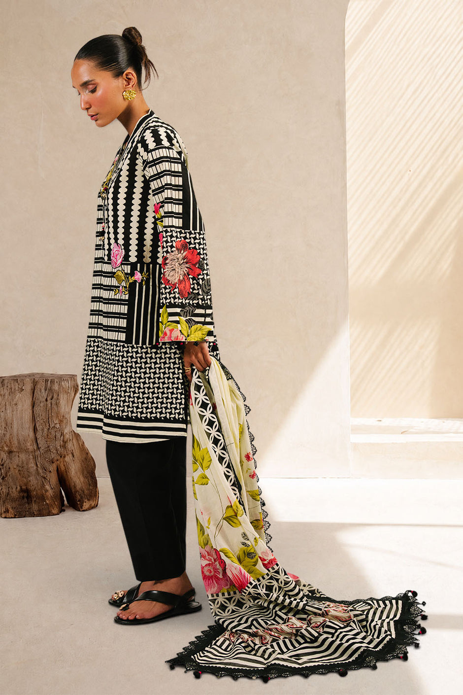 3 Piece Printed Cotton Suit with Printed Denting Lawn Dupatta and Embroidered Bunch