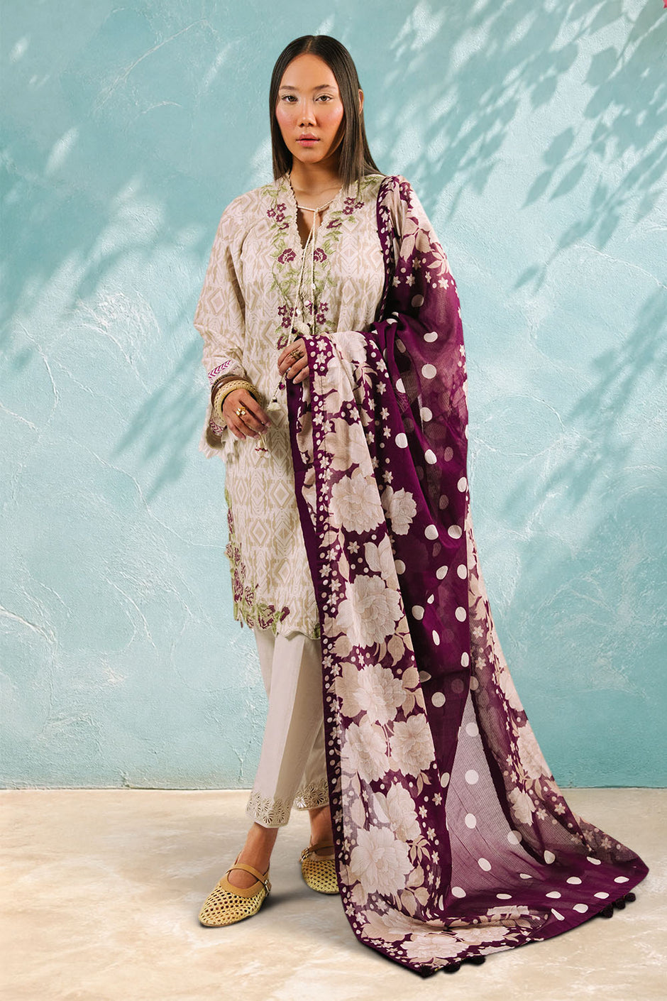 3 Piece Printed Cotton Suit with Printed Denting Lawn Dupatta and Embroidered Neckline and Motifs
