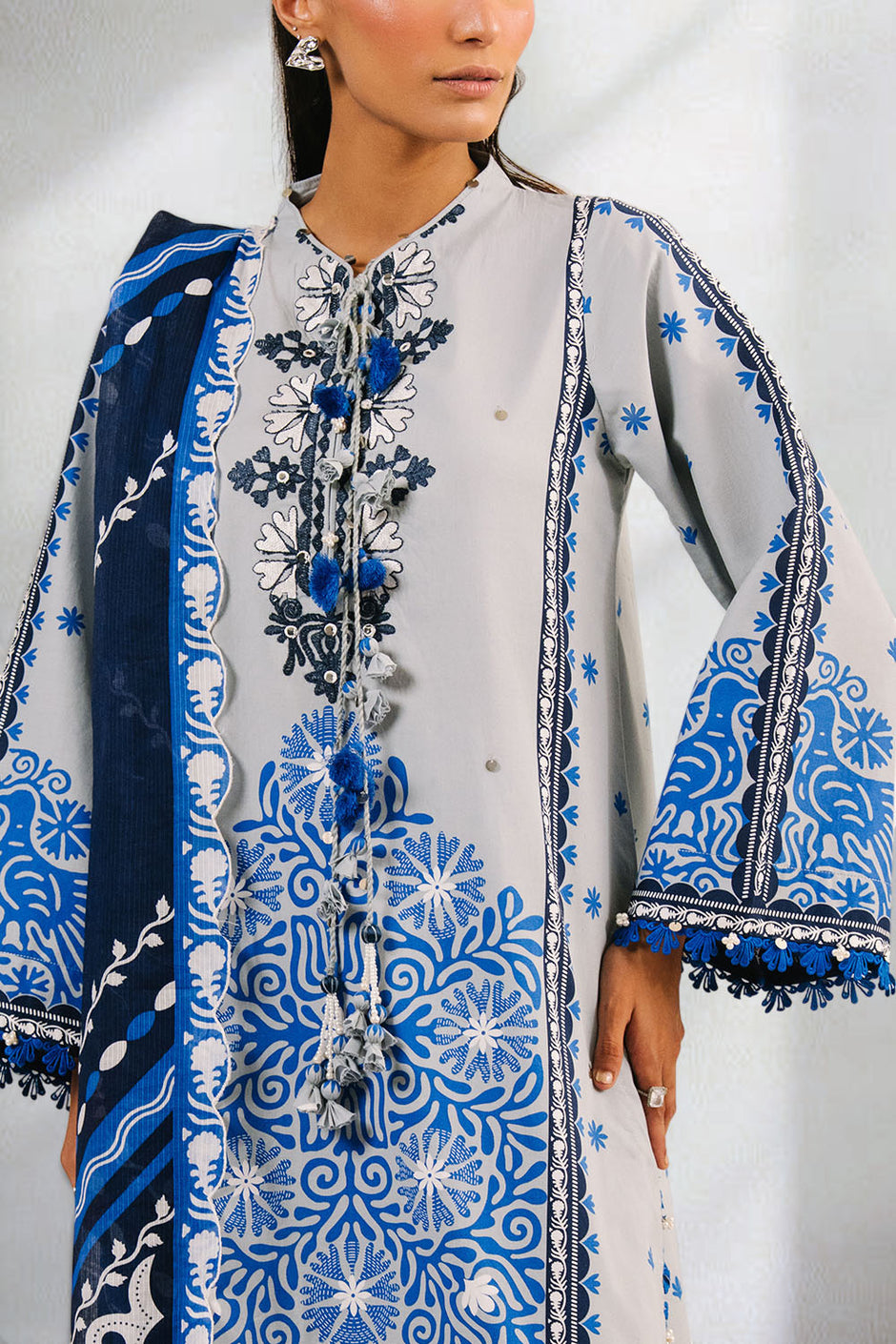 3 Piece Printed Cotton Suit with Printed Denting Lawn Dupatta and Embroidered Neckline