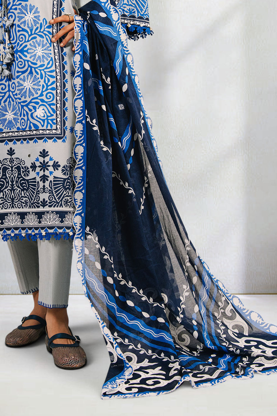 3 Piece Printed Cotton Suit with Printed Denting Lawn Dupatta and Embroidered Neckline
