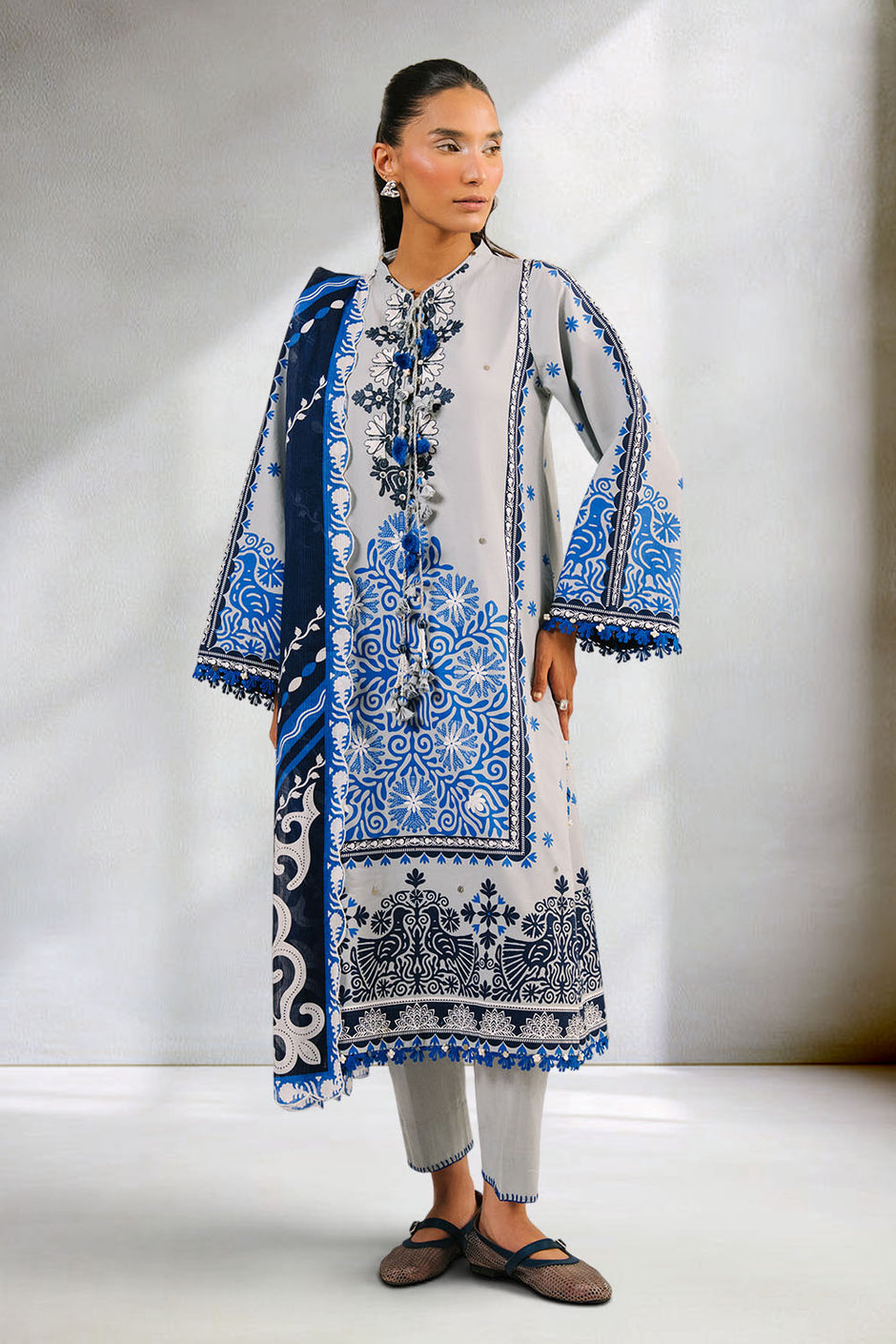 3 Piece Printed Cotton Suit with Printed Denting Lawn Dupatta and Embroidered Neckline