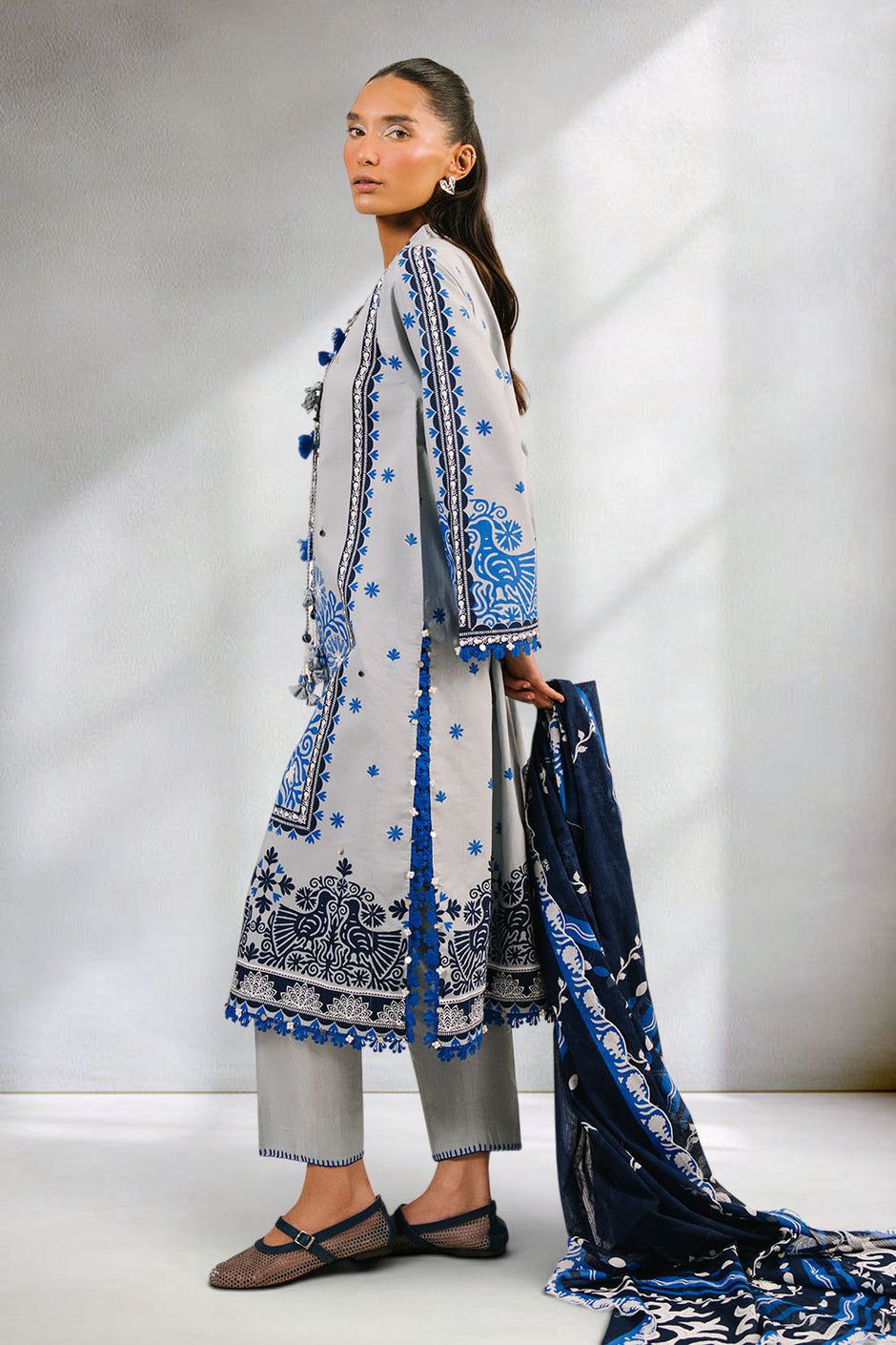 3 Piece Printed Cotton Suit with Printed Denting Lawn Dupatta and Embroidered Neckline