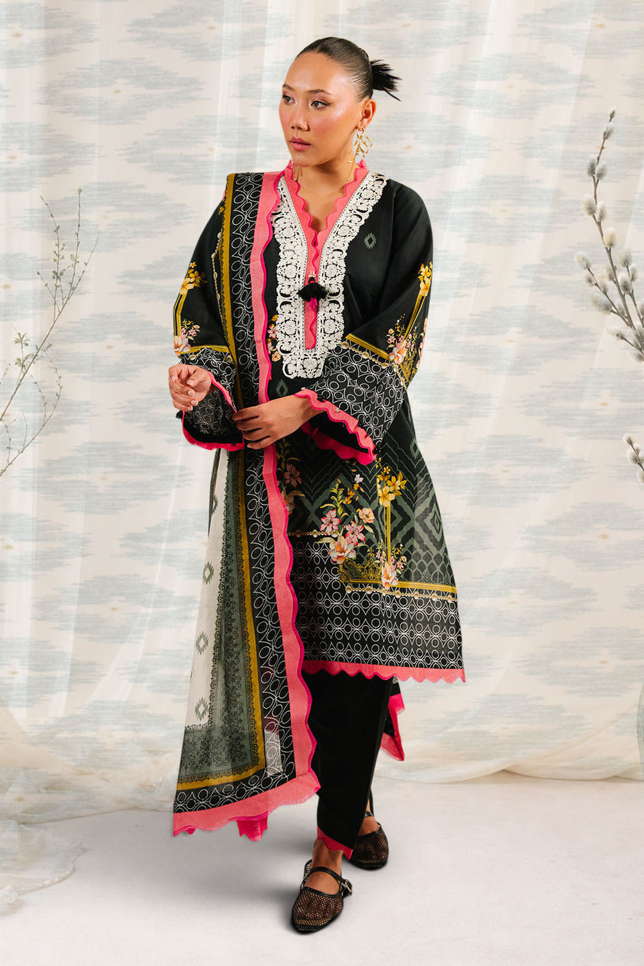 3 Piece Printed Cotton Suit with Printed Denting Lawn Dupatta and Embroidered Neckline