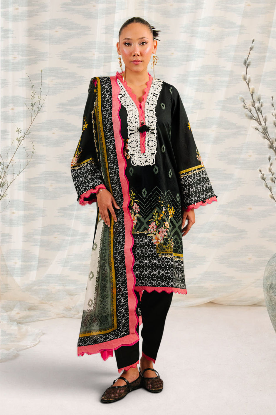 3 Piece Printed Cotton Suit with Printed Denting Lawn Dupatta and Embroidered Neckline