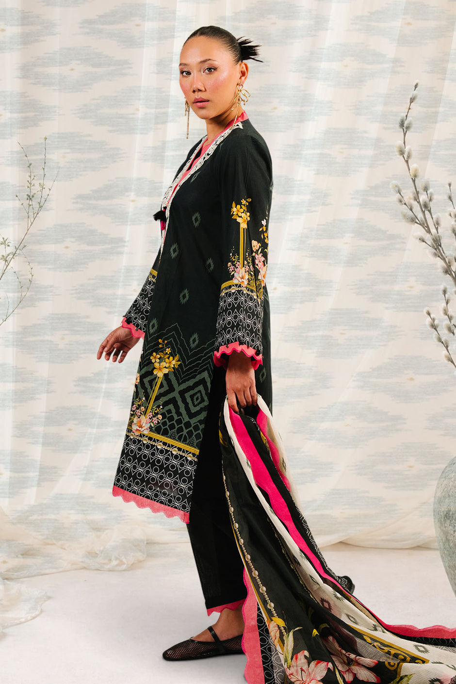 3 Piece Printed Cotton Suit with Printed Denting Lawn Dupatta and Embroidered Neckline