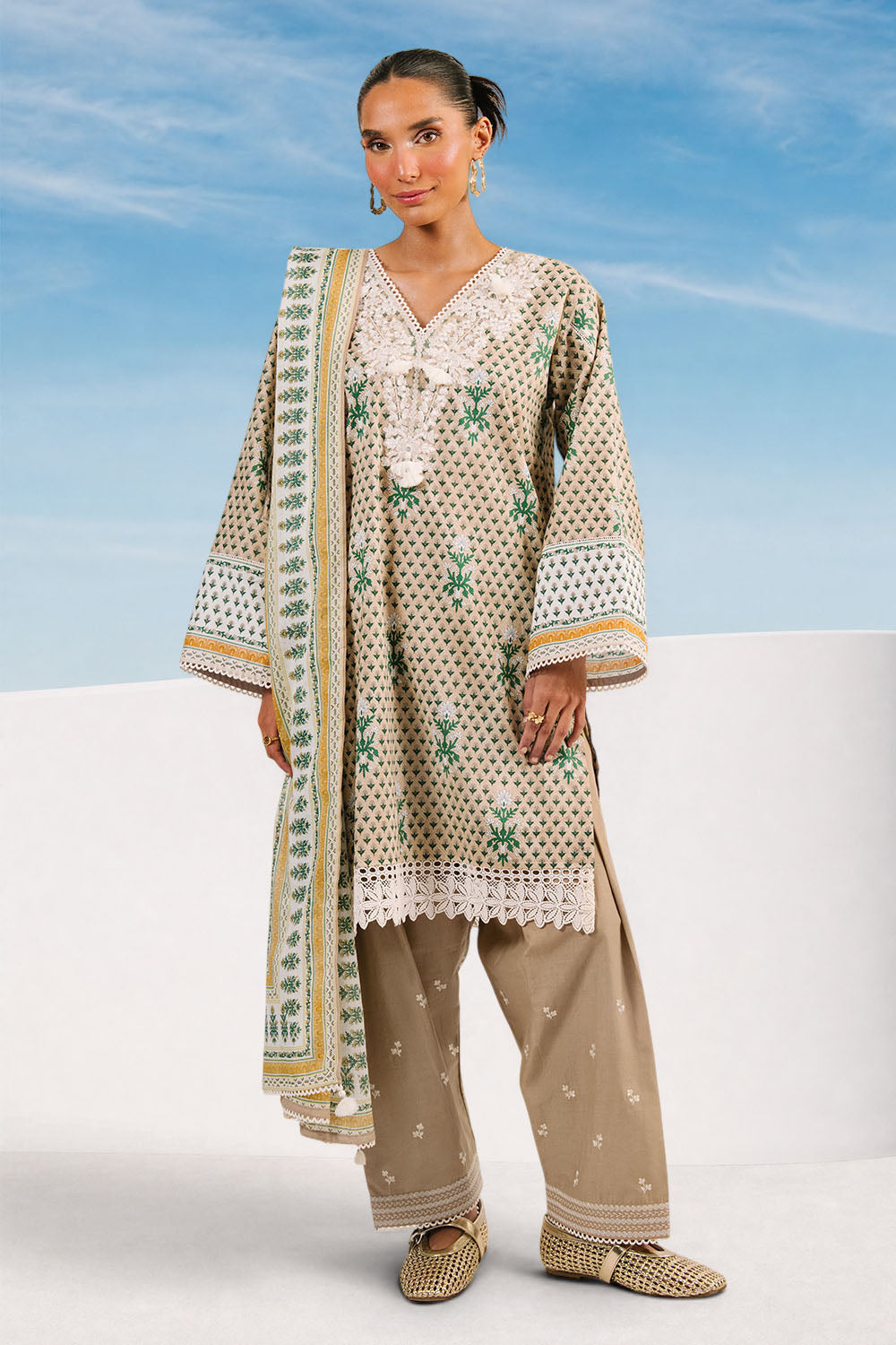 3 Piece Printed Cotton Suit with Printed Denting Lawn Dupatta and Embroidered Neckline and Embroidered Trouser