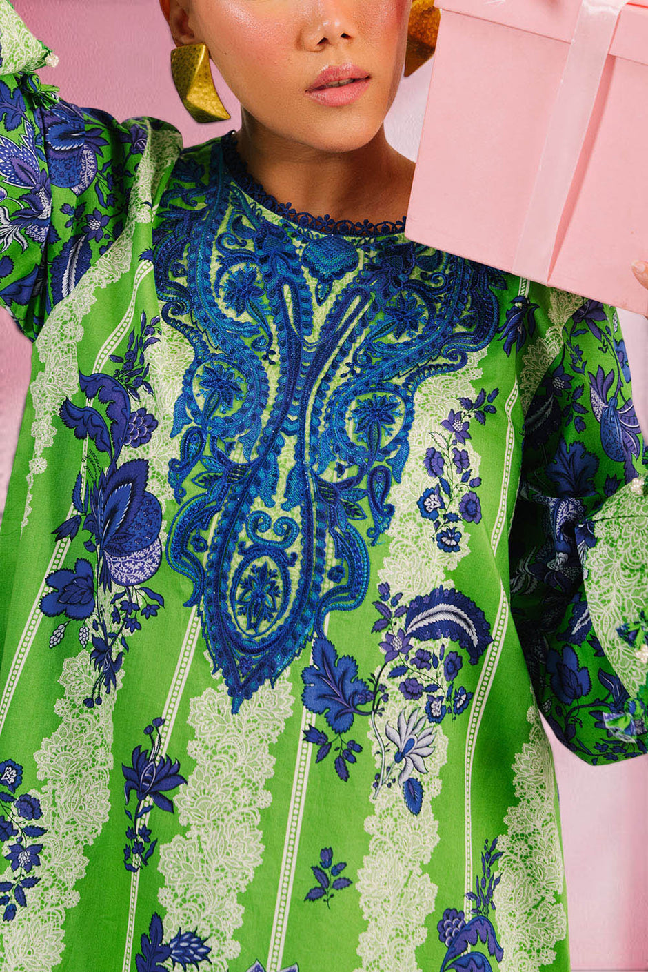 3 Piece Printed Cotton Suit with Printed Denting Lawn Dupatta and Embroidered Neckline