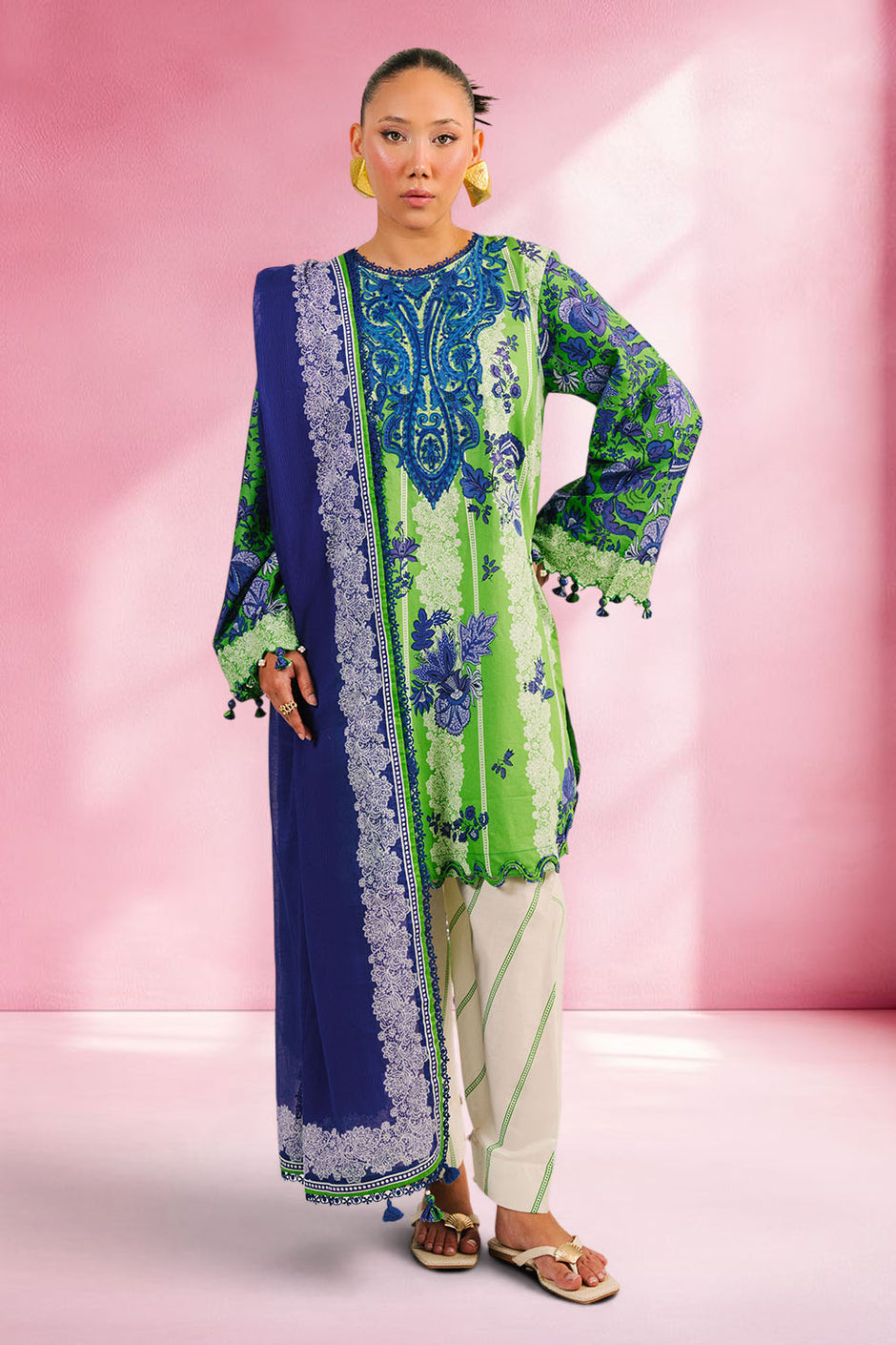 3 Piece Printed Cotton Suit with Printed Denting Lawn Dupatta and Embroidered Neckline
