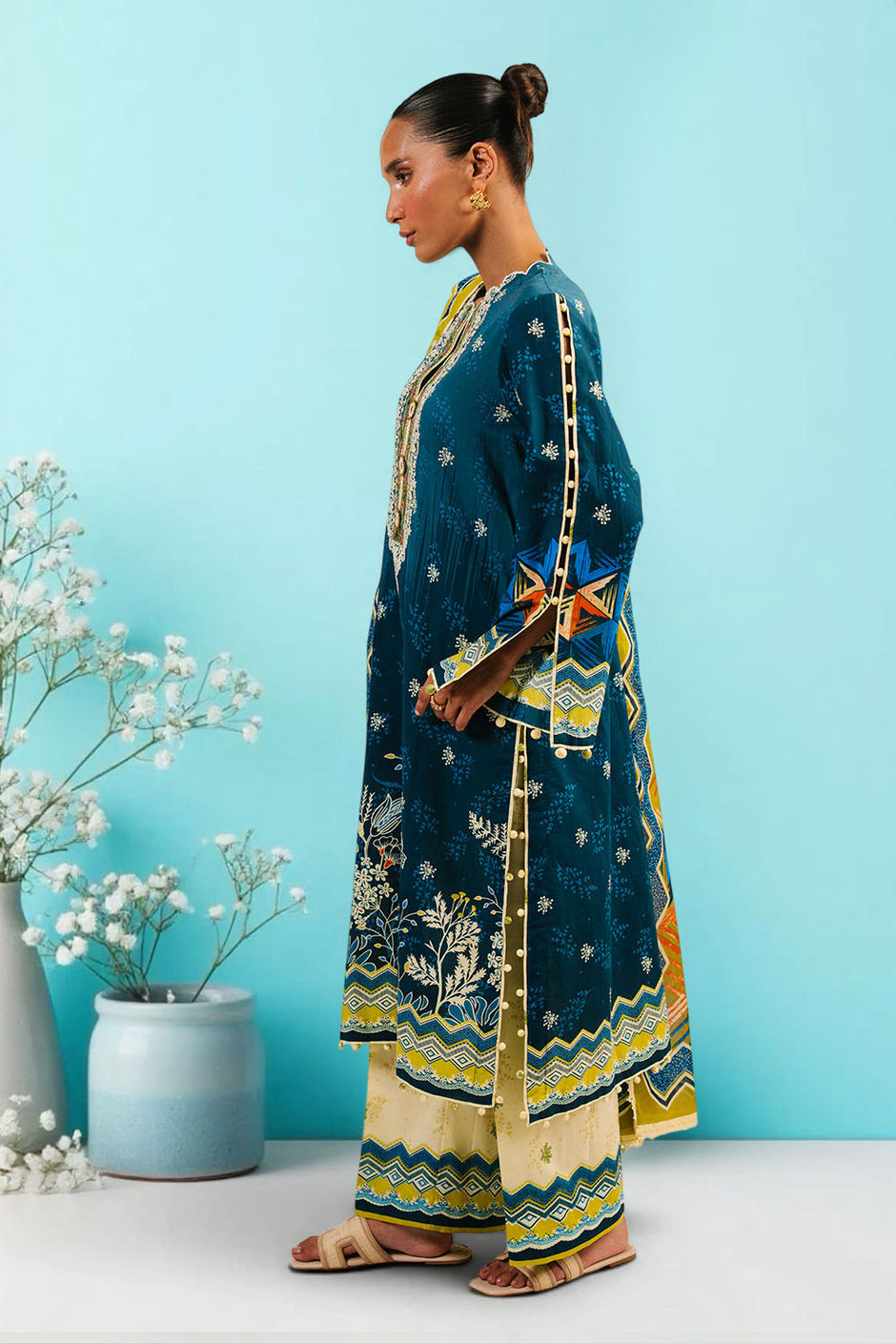 3 Piece Printed Cotton Suit with Printed Denting Lawn Dupatta and Embroidered Neckline