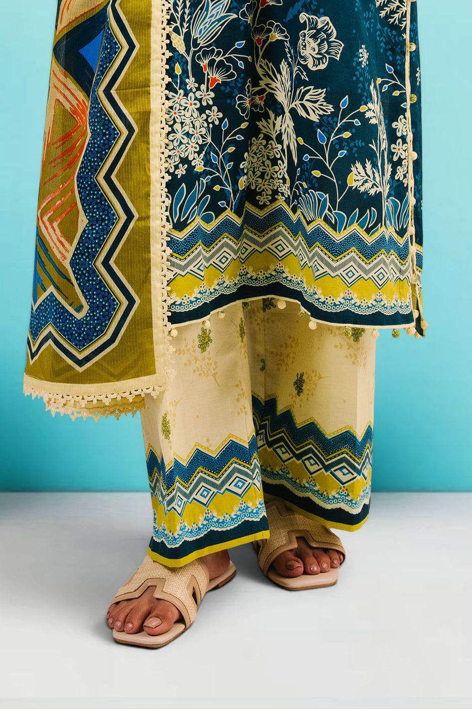 3 Piece Printed Cotton Suit with Printed Denting Lawn Dupatta and Embroidered Neckline