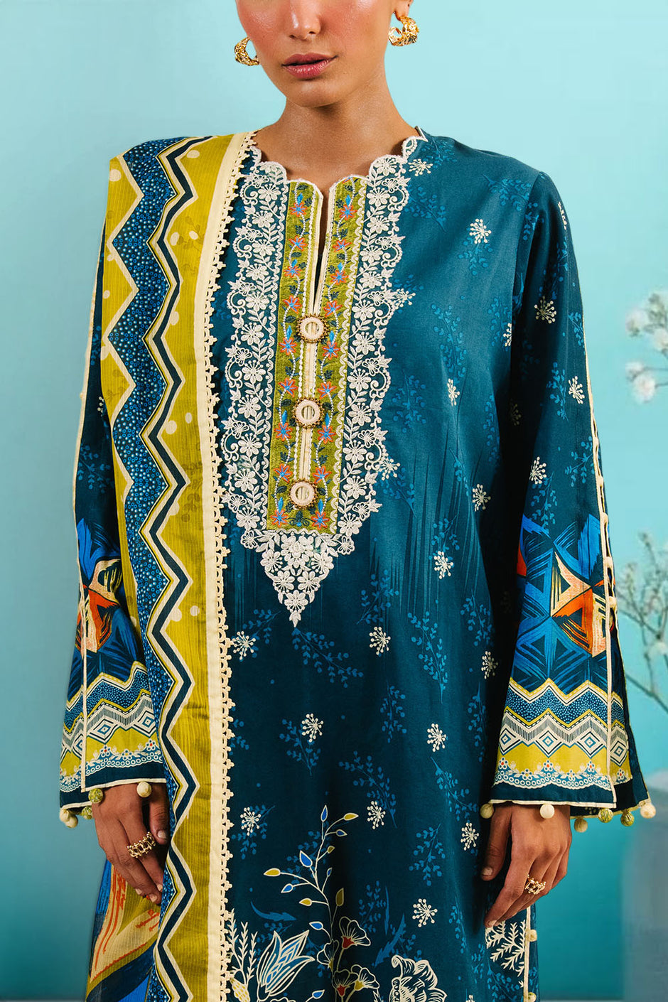 3 Piece Printed Cotton Suit with Printed Denting Lawn Dupatta and Embroidered Neckline
