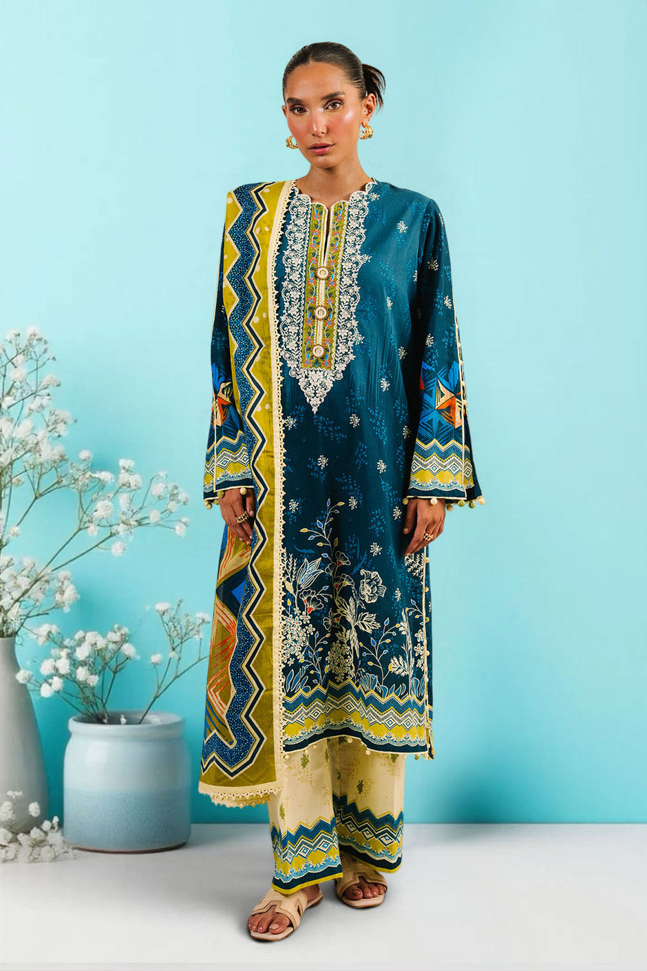 3 Piece Printed Cotton Suit with Printed Denting Lawn Dupatta and Embroidered Neckline