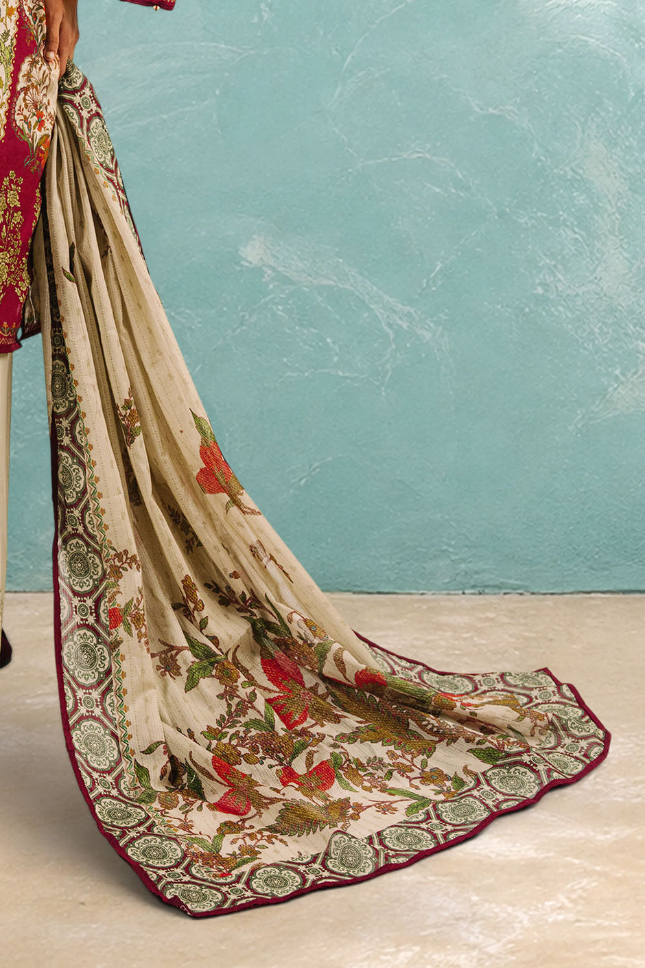 3 Piece Printed Cotton Suit with Printed Denting Lawn Dupatta and Embroidered Trouser