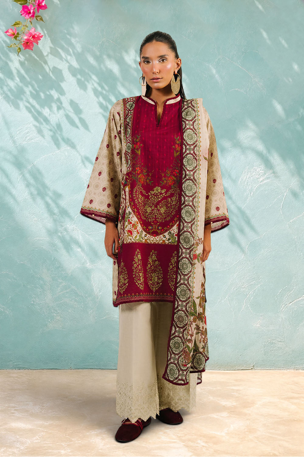 3 Piece Printed Cotton Suit with Printed Denting Lawn Dupatta and Embroidered Trouser