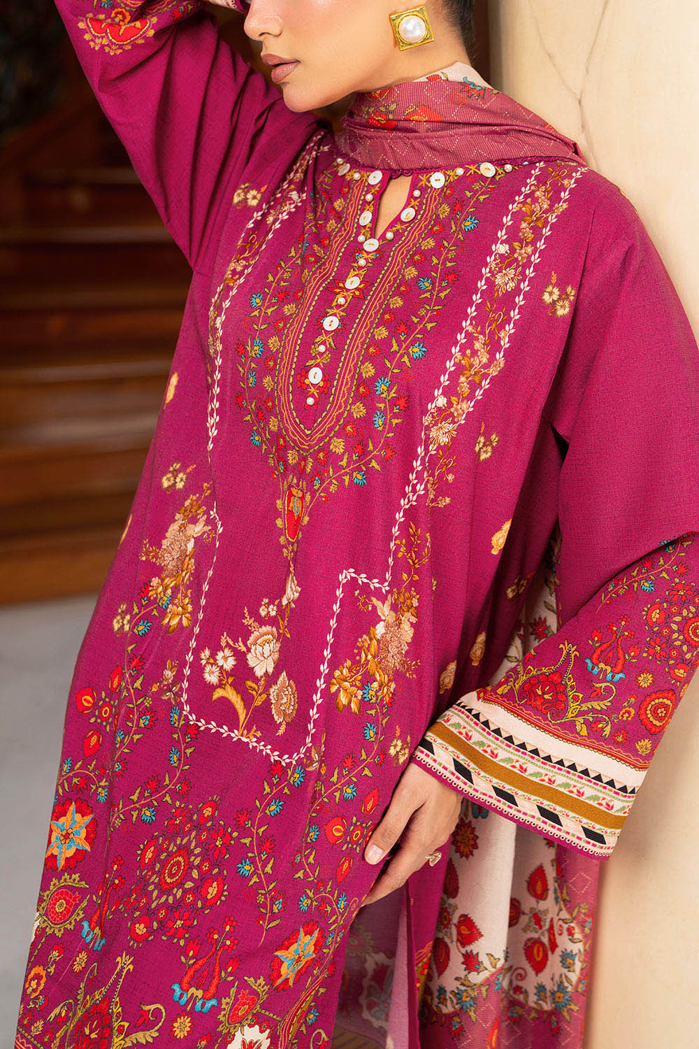 3 Piece Printed Textured Linen Suit