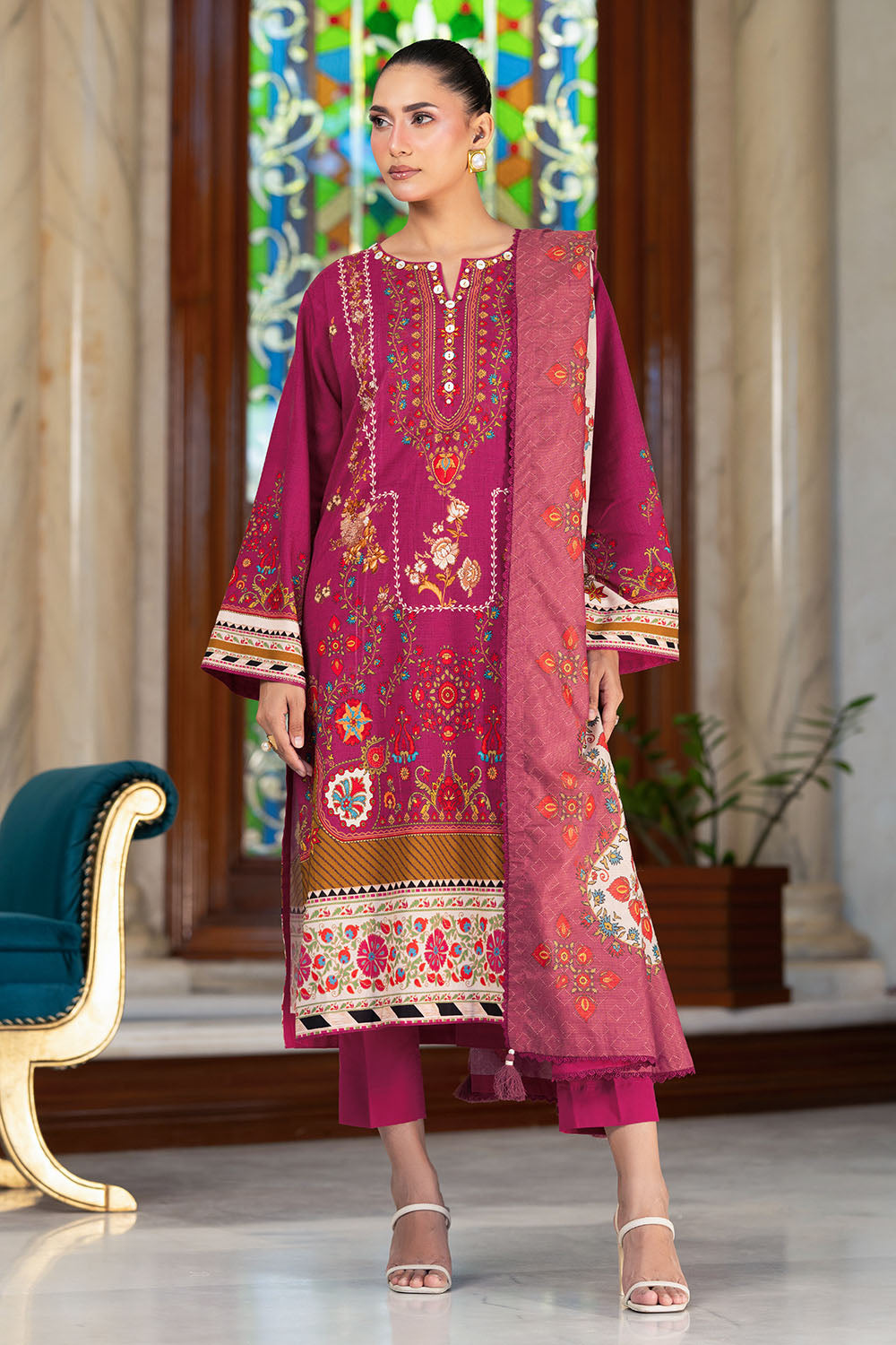 3 Piece Printed Textured Linen Suit