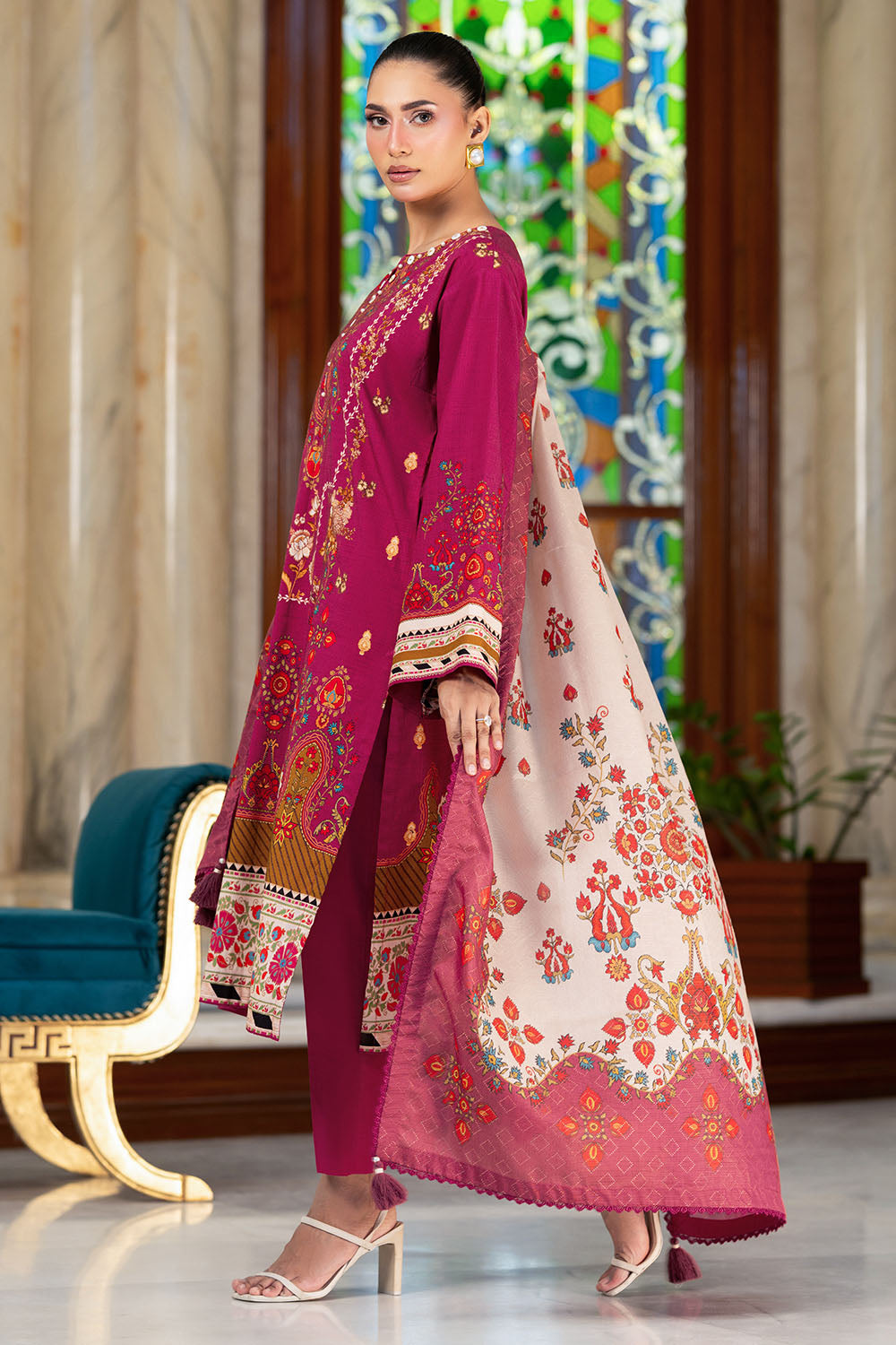 3 Piece Printed Textured Linen Suit
