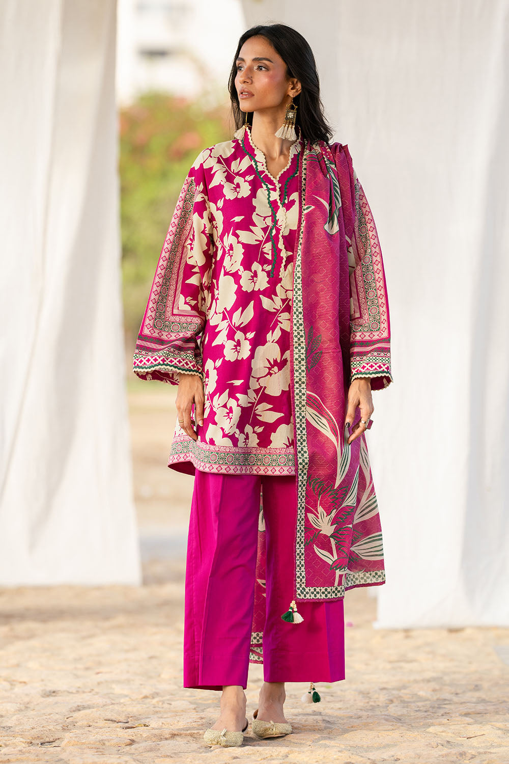 3 Piece Printed Textured Linen Suit