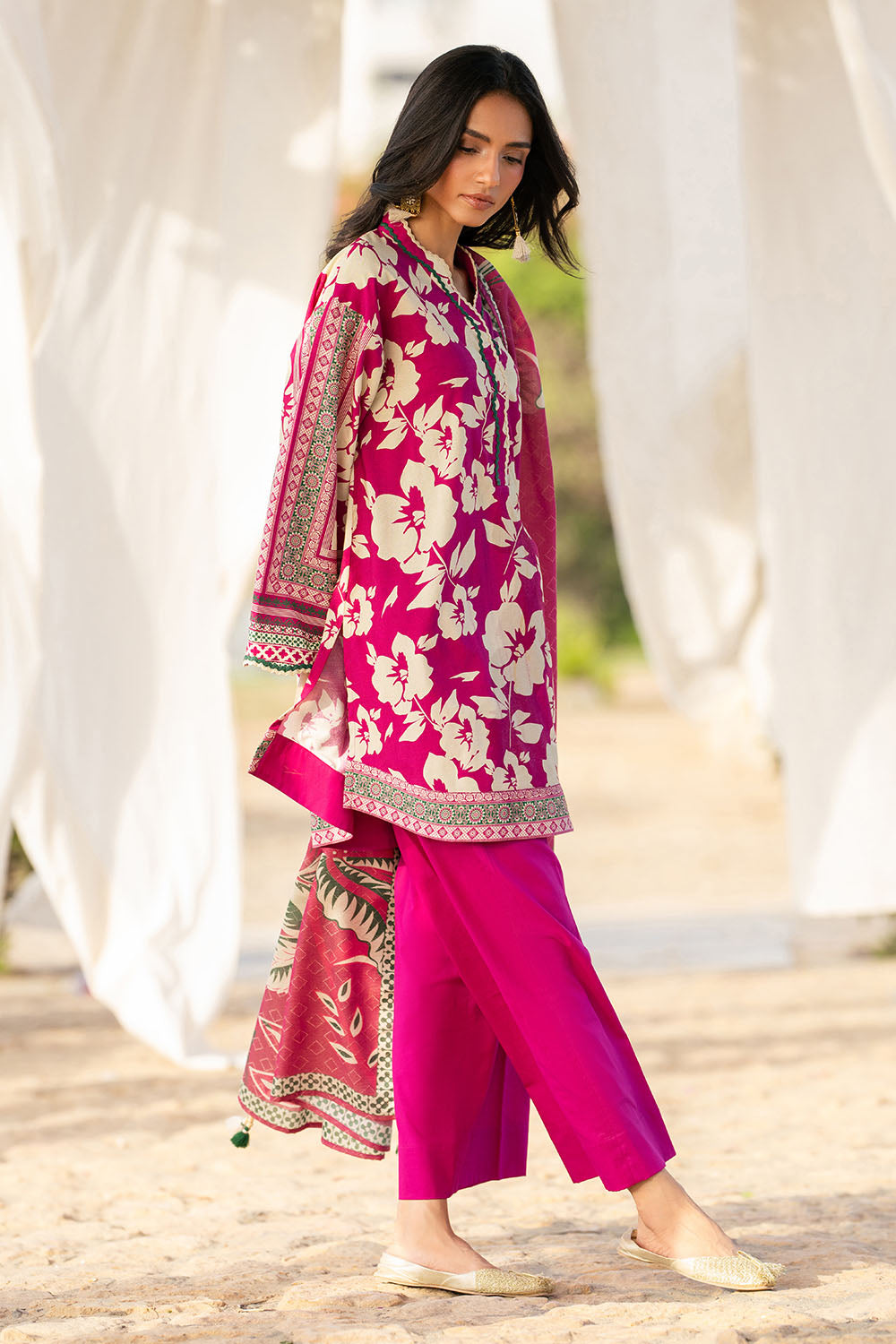 3 Piece Printed Textured Linen Suit
