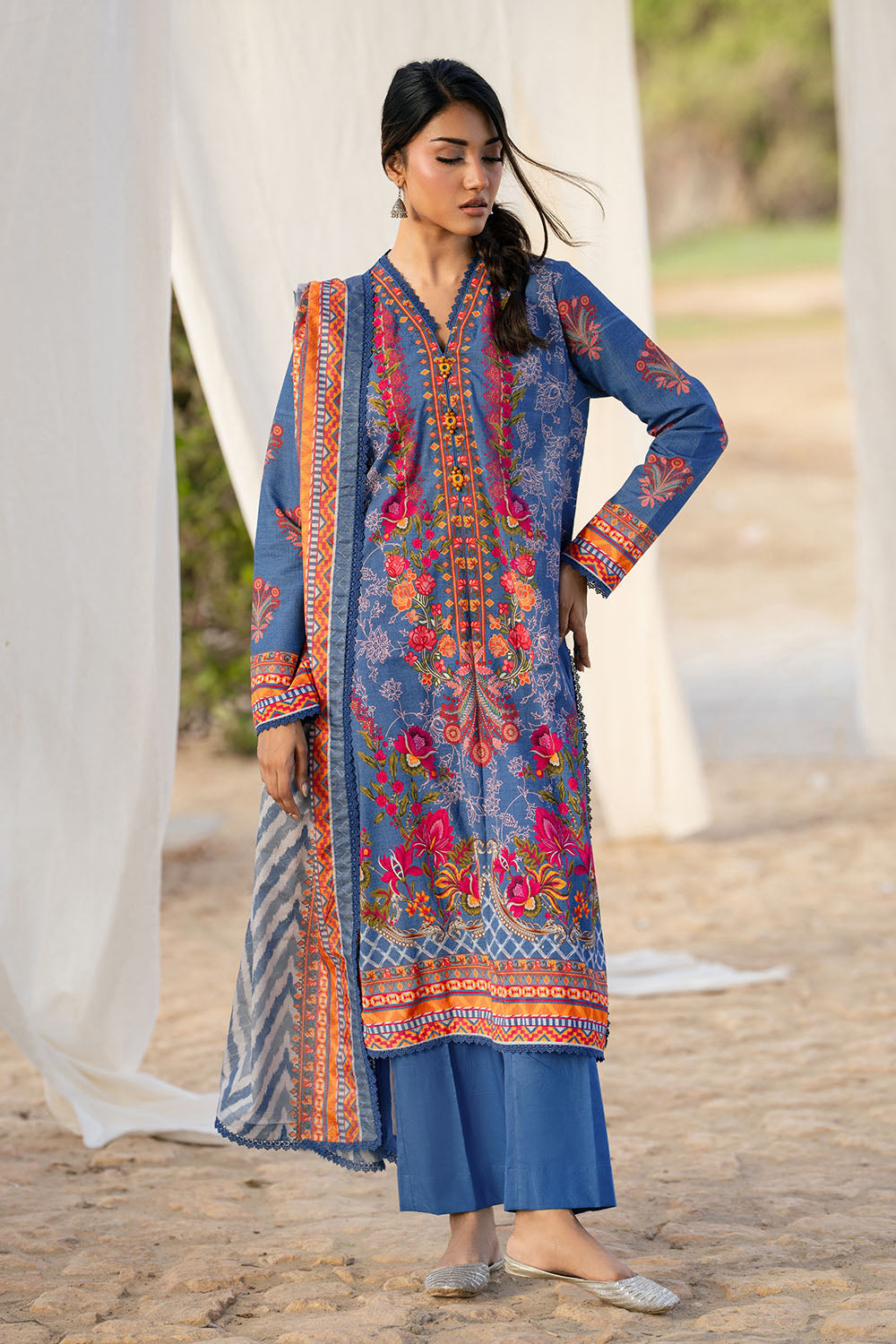3 Piece Printed Textured Linen Suit