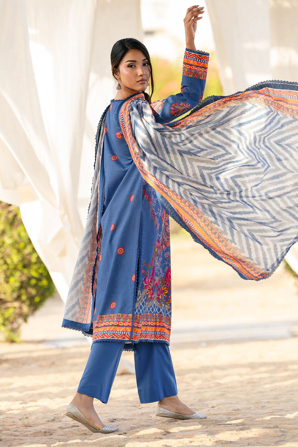 3 Piece Printed Textured Linen Suit