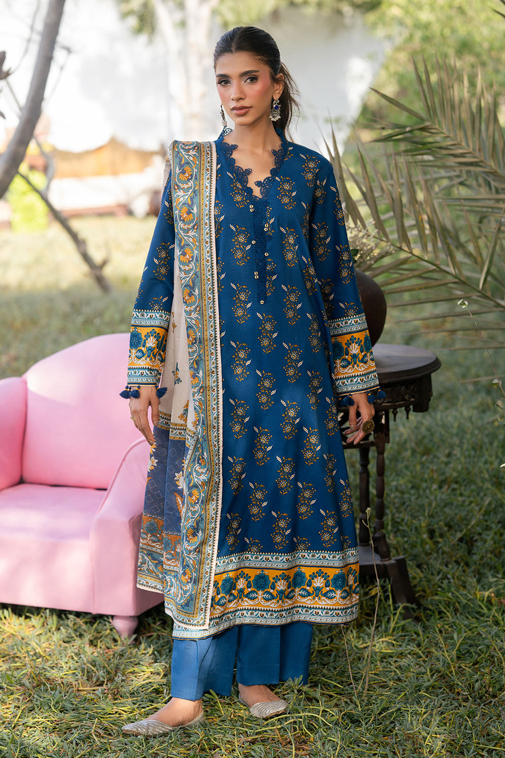 3 Piece Printed Textured Linen Suit