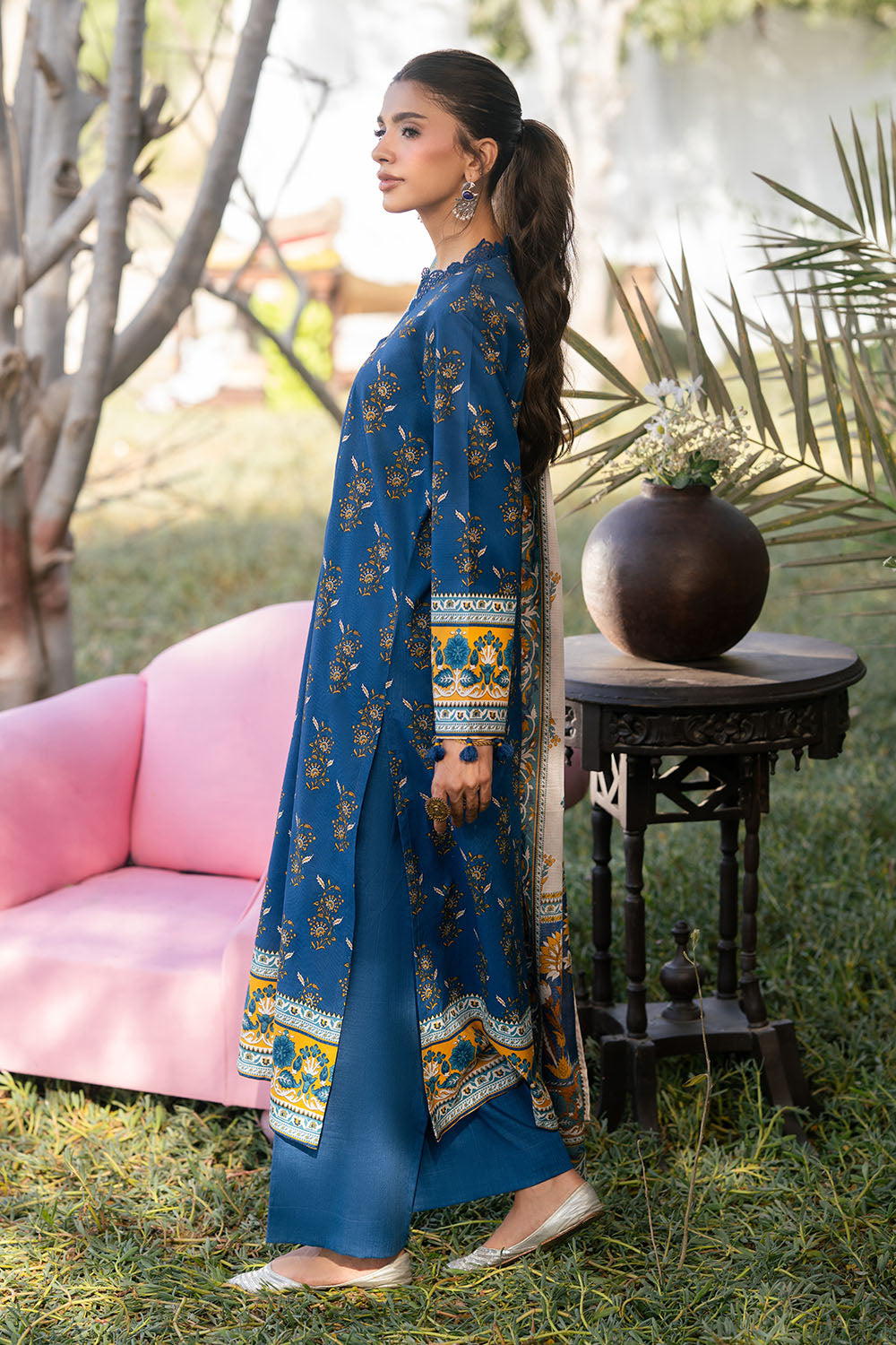 3 Piece Printed Textured Linen Suit
