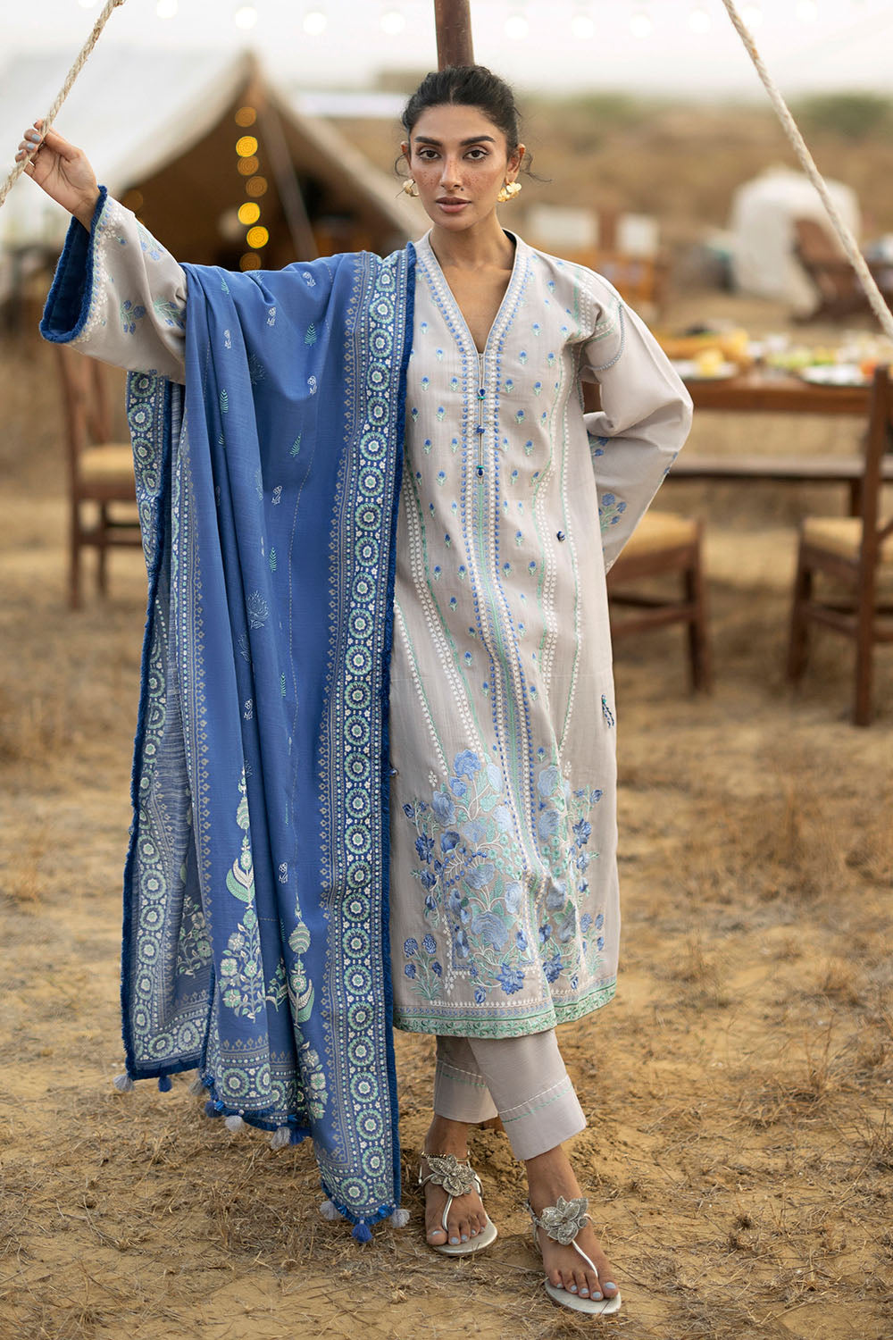 3 Piece Embroidered Khaddar Suit with Lacquer Printed Khaddar Dupatta