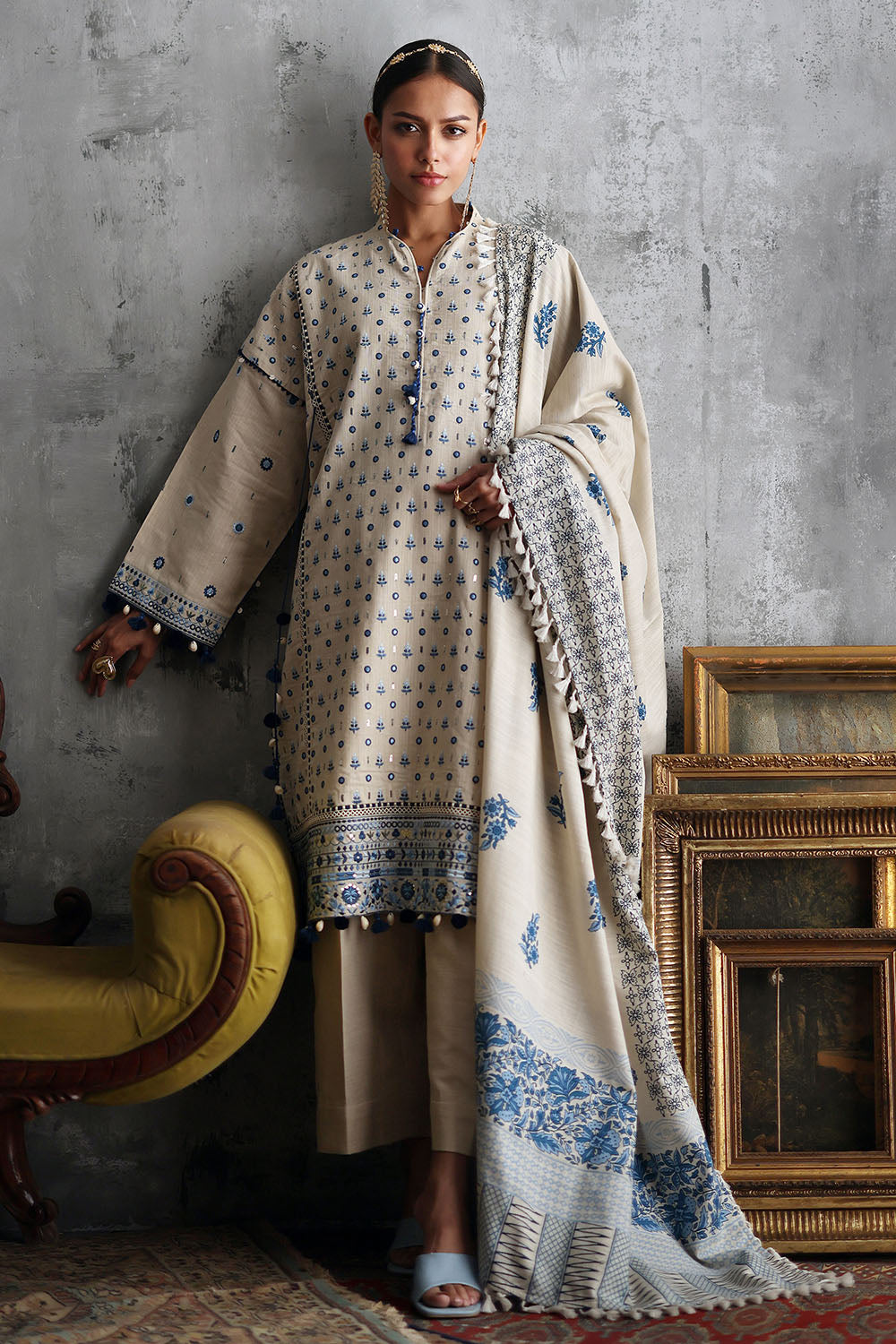3 Piece Embroidered Khaddar Suit with Printed Khaddar Dupatta