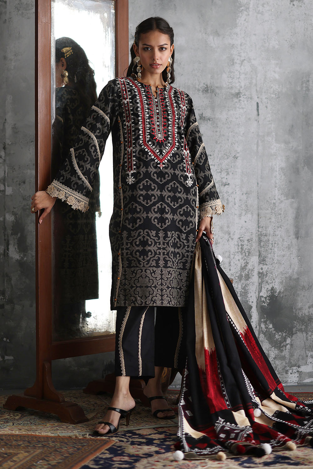 3 Piece Embroidered Printed Khaddar Suit with Printed Khaddar Dupatta