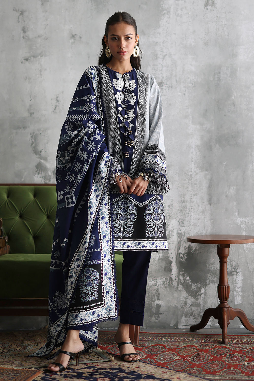 3 Piece Embroidered Printed Khaddar Suit with Printed Khaddar Dupatta