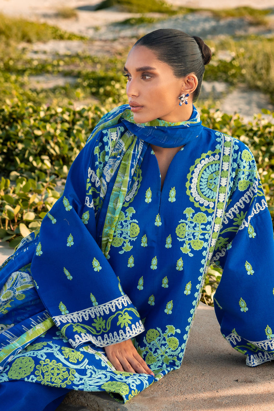 3 Piece Embroidered Khaddar Suit with Stripe Dupatta and Border