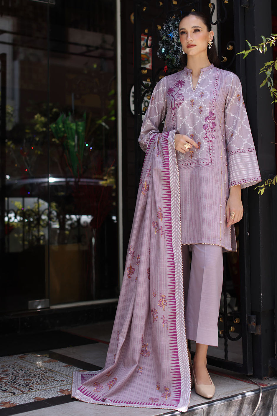 3 Piece Gold Printed Khaddar Suit with Gold Printed Khaddar Dupatta