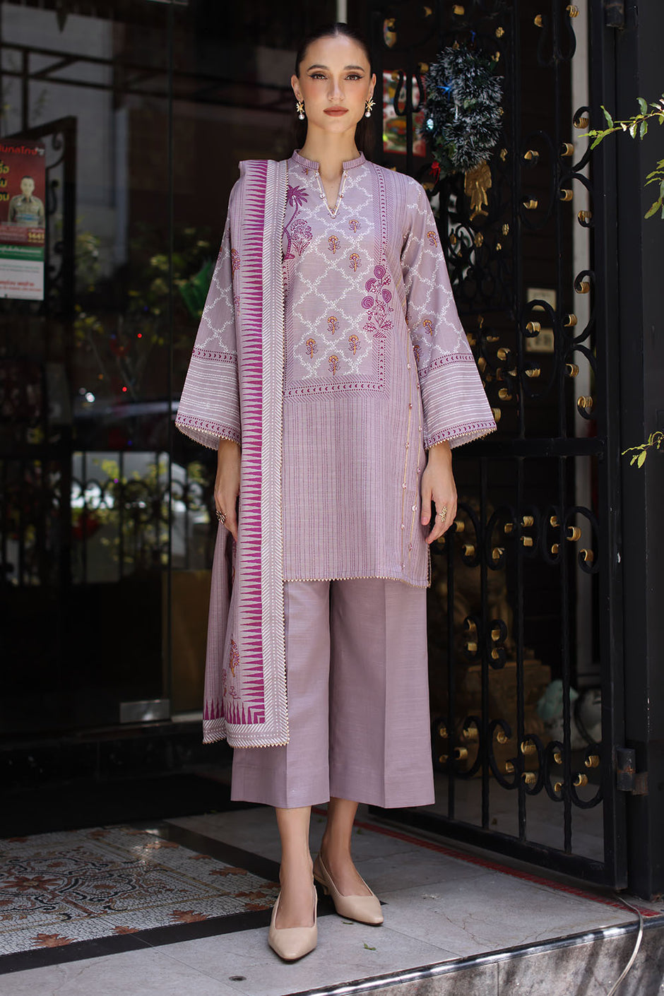 3 Piece Gold Printed Khaddar Suit with Gold Printed Khaddar Dupatta
