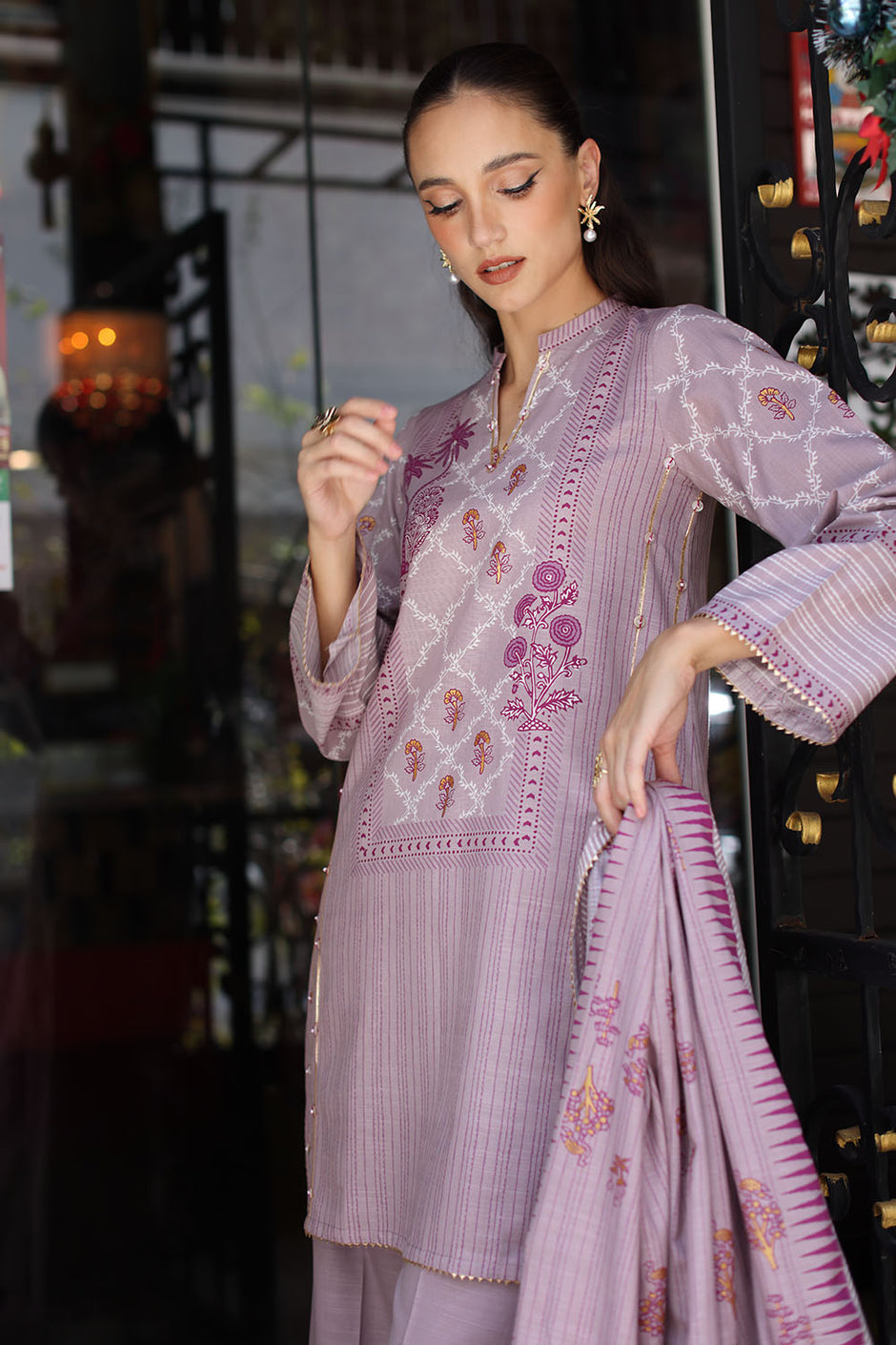 3 Piece Gold Printed Khaddar Suit with Gold Printed Khaddar Dupatta