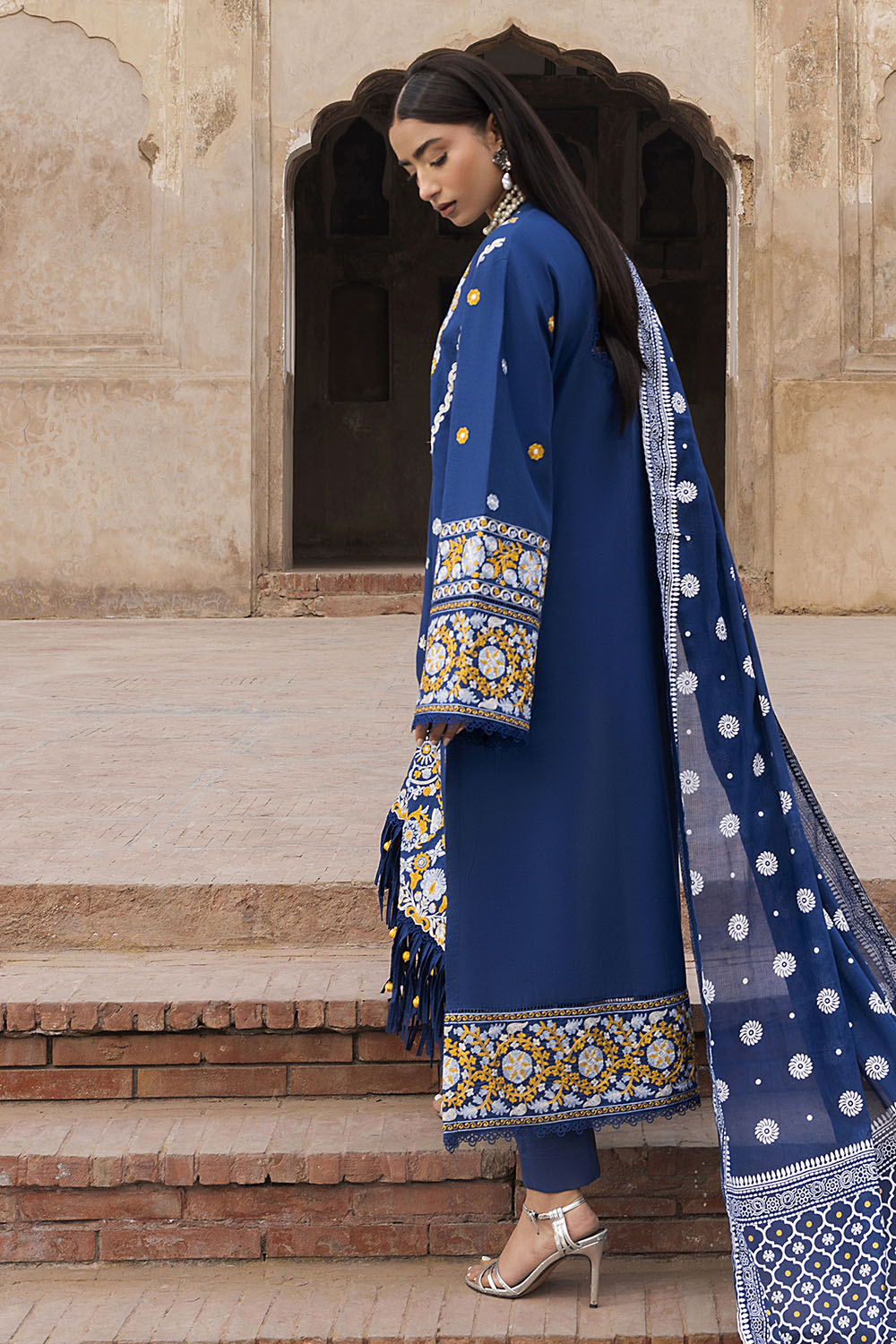 3 Piece Embroidered Lawn Suit with Lacquer Printed Denting Dupatta