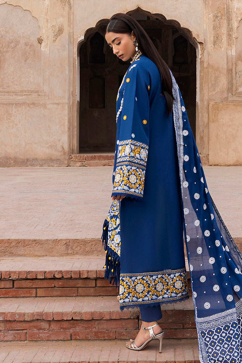 3 Piece Embroidered Lawn Suit with Lacquer Printed Denting Dupatta