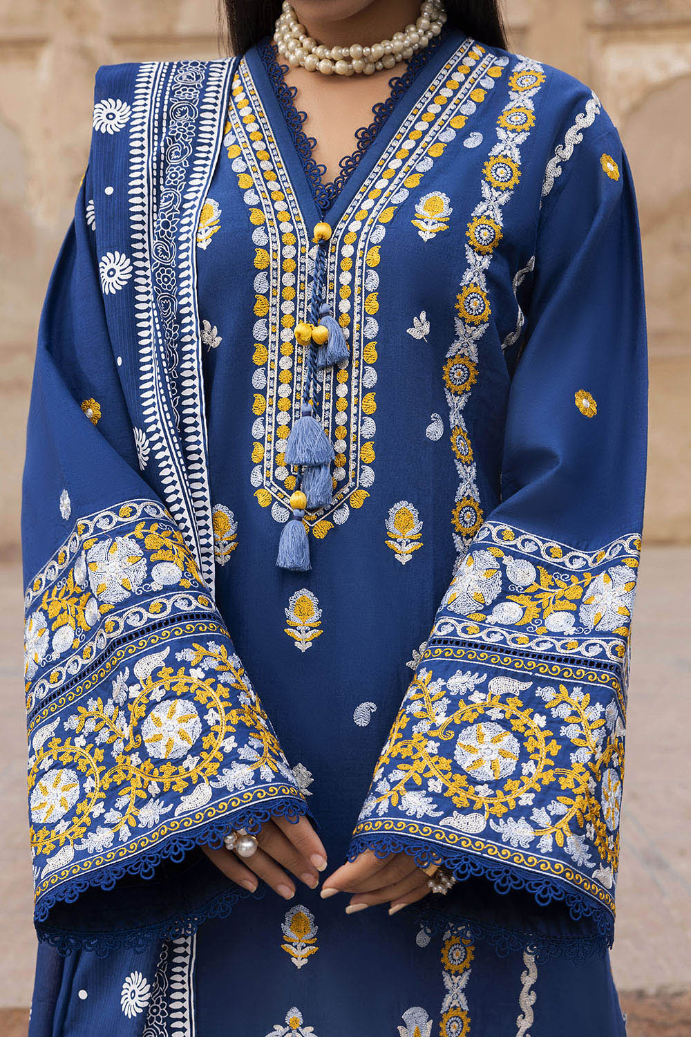 3 Piece Embroidered Lawn Suit with Lacquer Printed Denting Dupatta