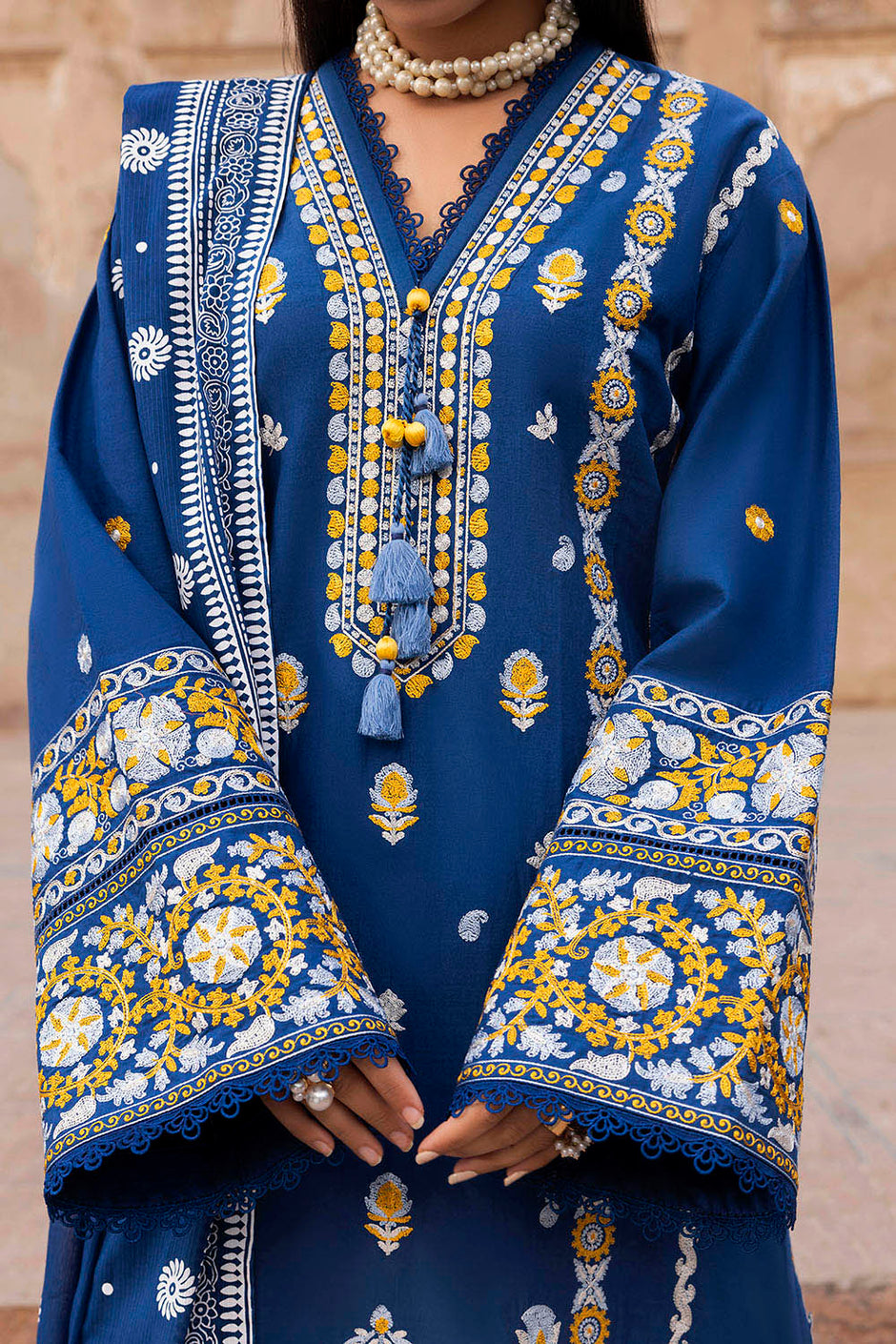 3 Piece Embroidered Lawn Suit with Lacquer Printed Denting Dupatta