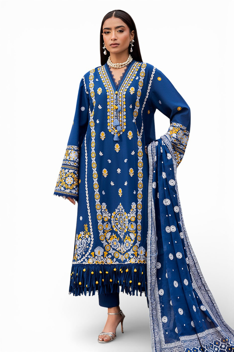 3 Piece Embroidered Lawn Suit with Lacquer Printed Denting Dupatta