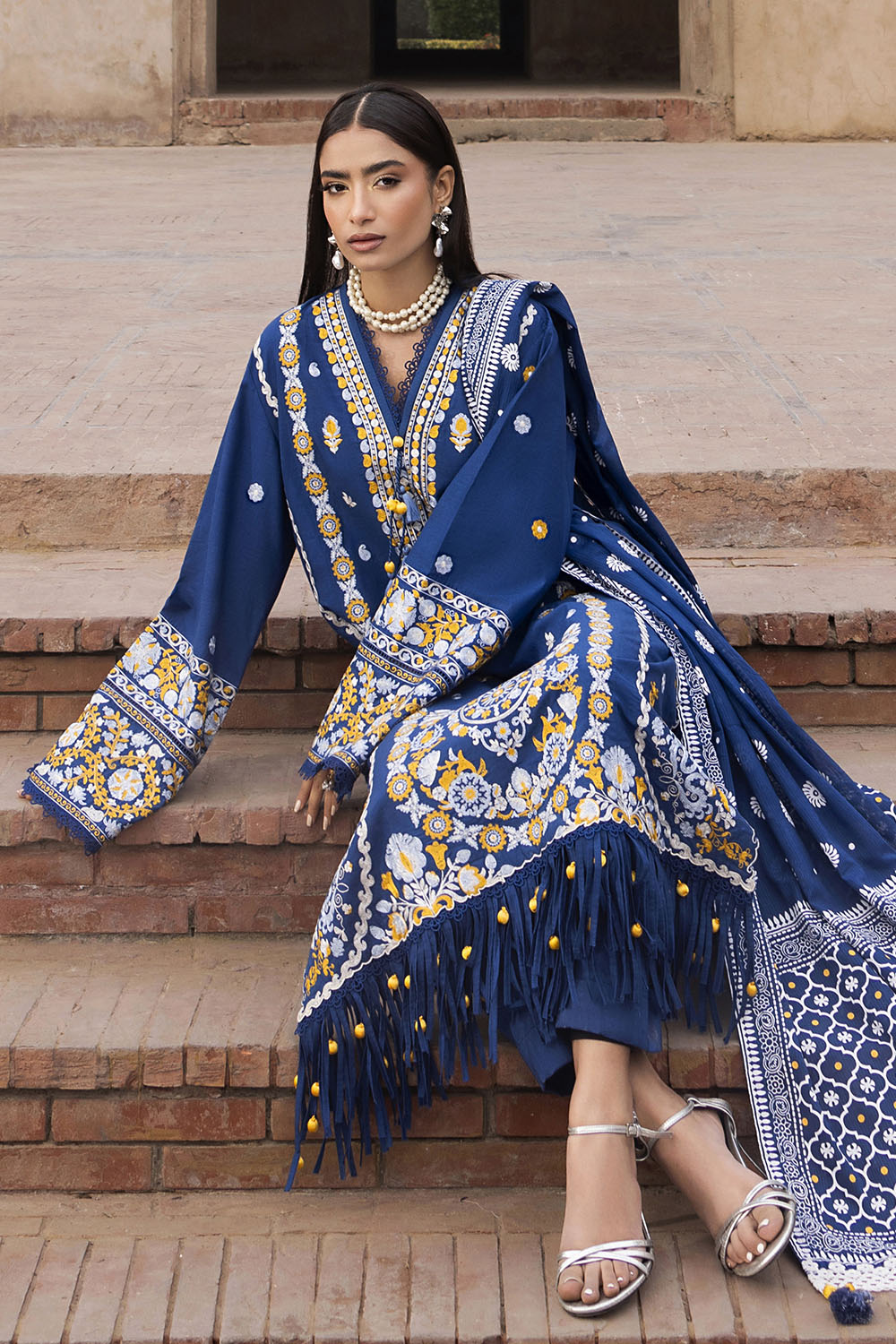 3 Piece Embroidered Lawn Suit with Lacquer Printed Denting Dupatta