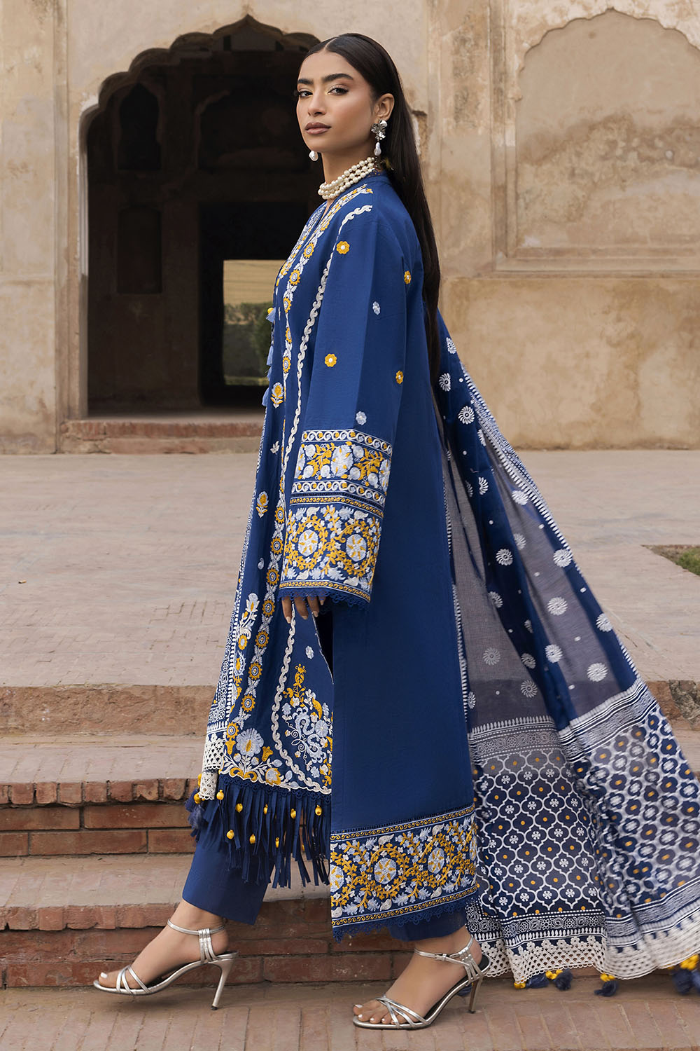 3 Piece Embroidered Lawn Suit with Lacquer Printed Denting Dupatta
