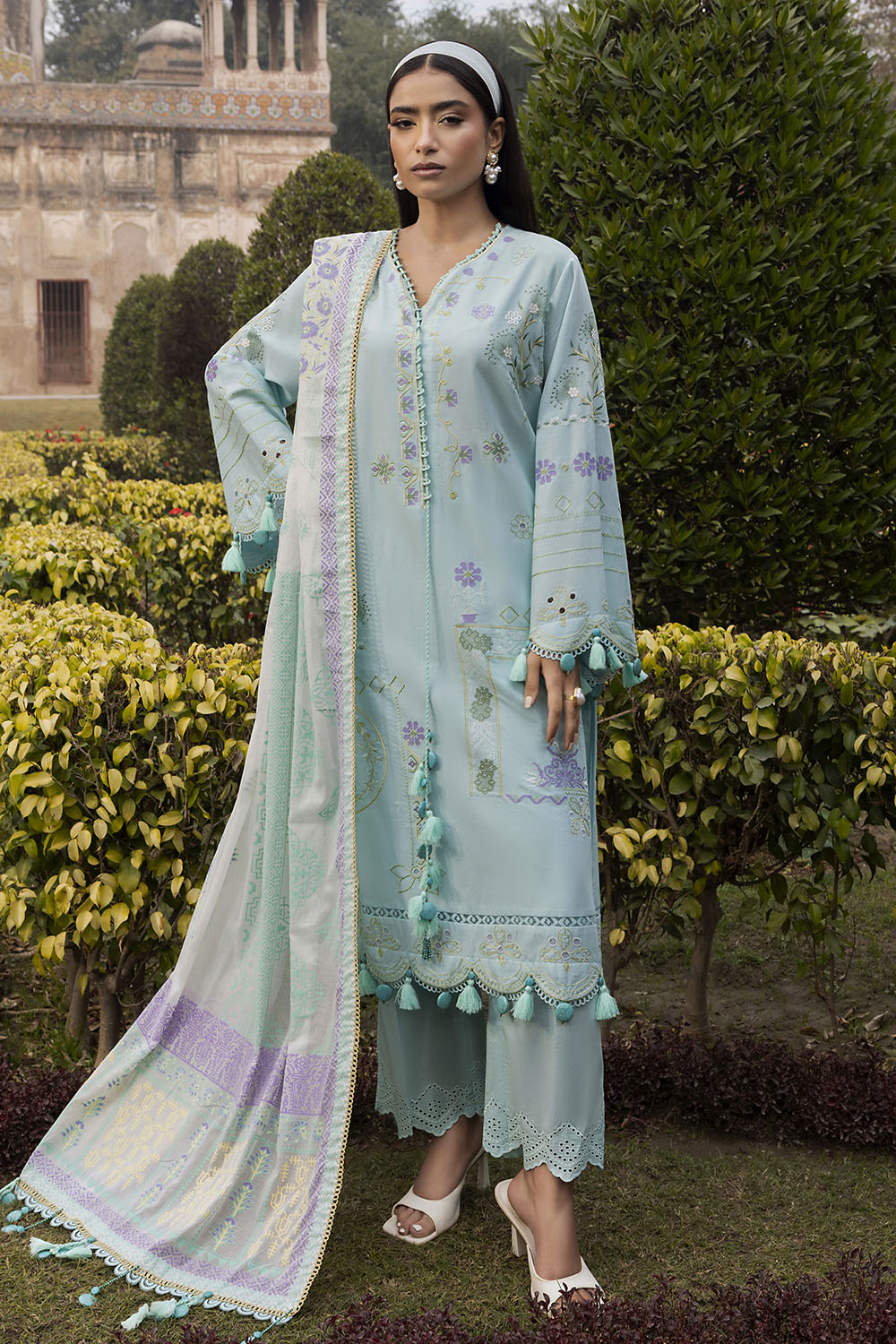 3 Piece Embroidered Lawn Suit with Lacquer Printed Denting Dupatta