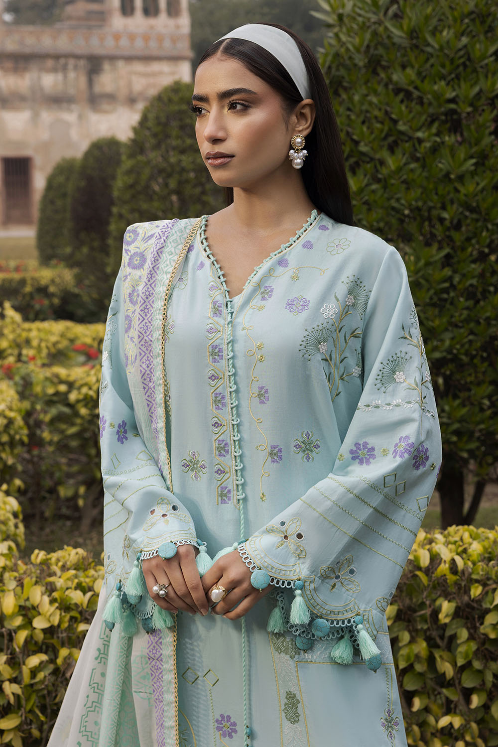 3 Piece Embroidered Lawn Suit with Lacquer Printed Denting Dupatta