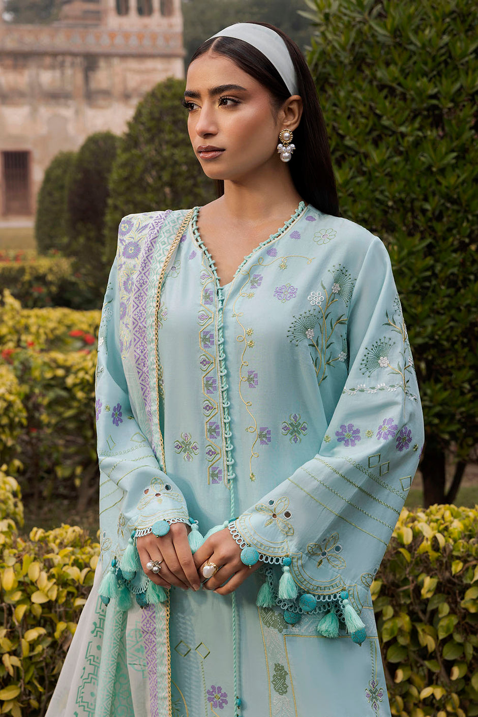 3 Piece Embroidered Lawn Suit with Lacquer Printed Denting Dupatta