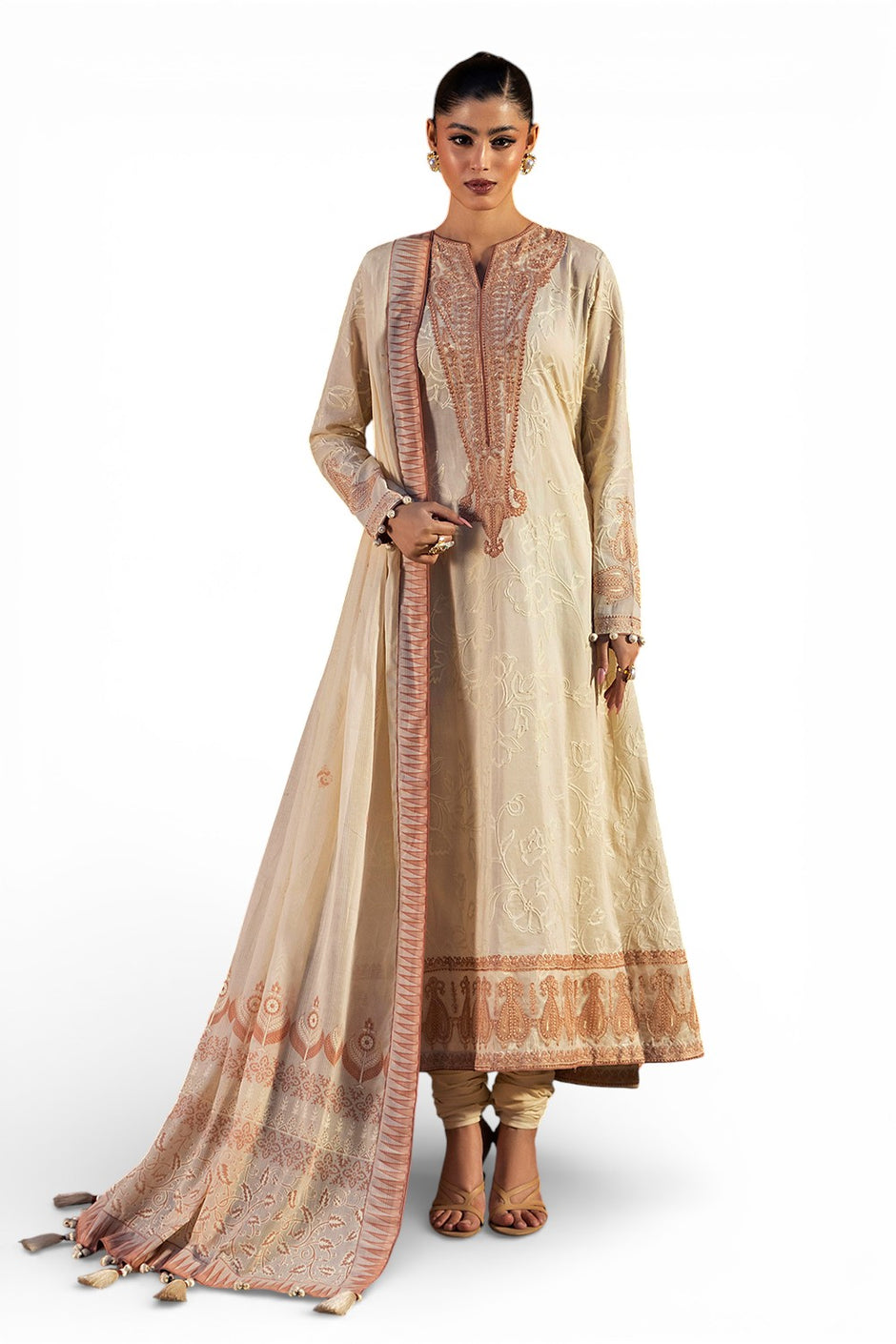 3 Piece Embroidered Lawn Suit with Lacquer Printed Denting Dupatta