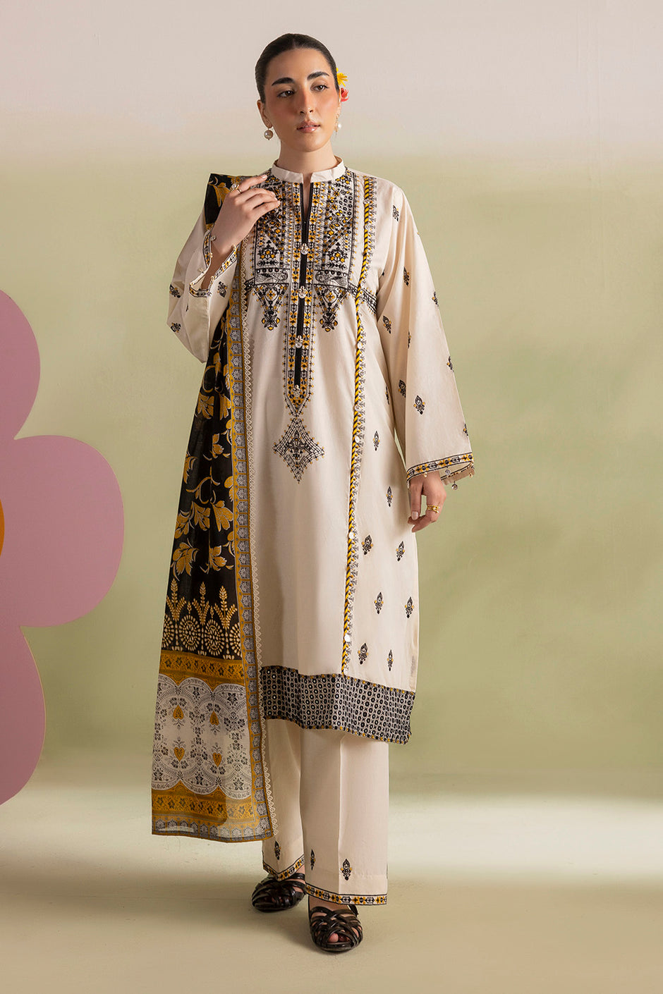 3 Piece Embroidered Lawn Suit with Embroidered Borders and Embroidered Trouser