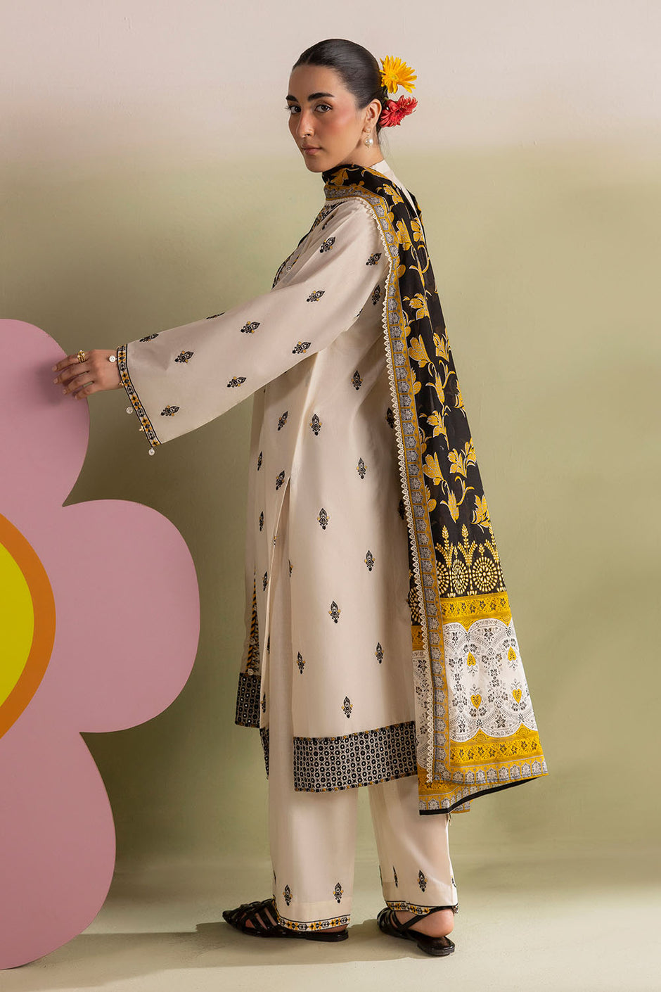 3 Piece Embroidered Lawn Suit with Embroidered Borders and Embroidered Trouser