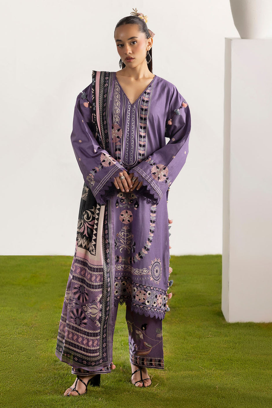3 Piece Embroidered Lawn Suit with Embroidered Borders and Embroidered Trouser