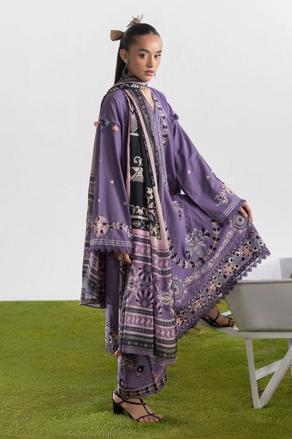 3 Piece Embroidered Lawn Suit with Embroidered Borders and Embroidered Trouser